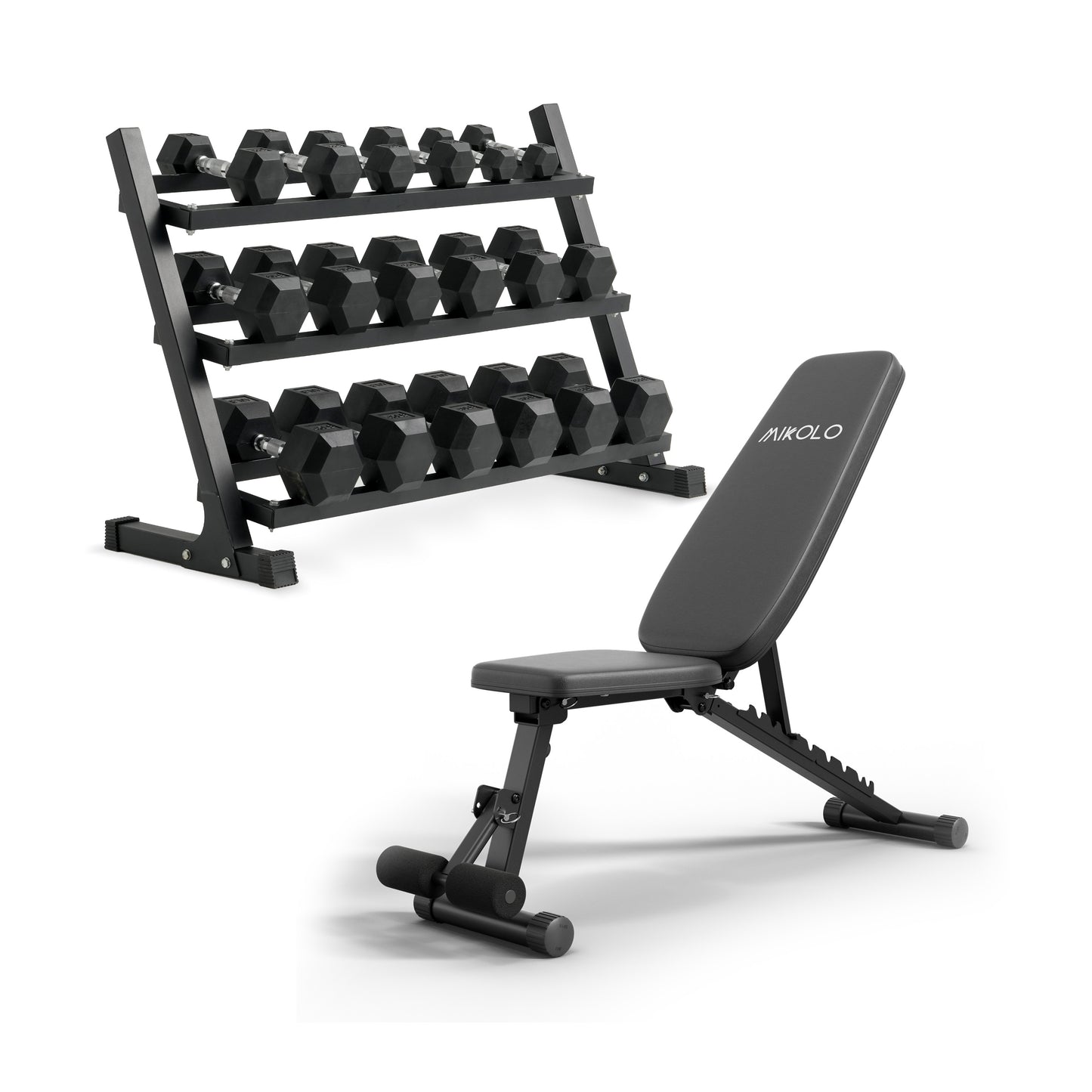 Mikolo Rubber Hex Dumbbell Set with Racks and 9 Postion Adjustable Weighted Bench, Options in 450lbs, Strength Training Weight Set Home Gym