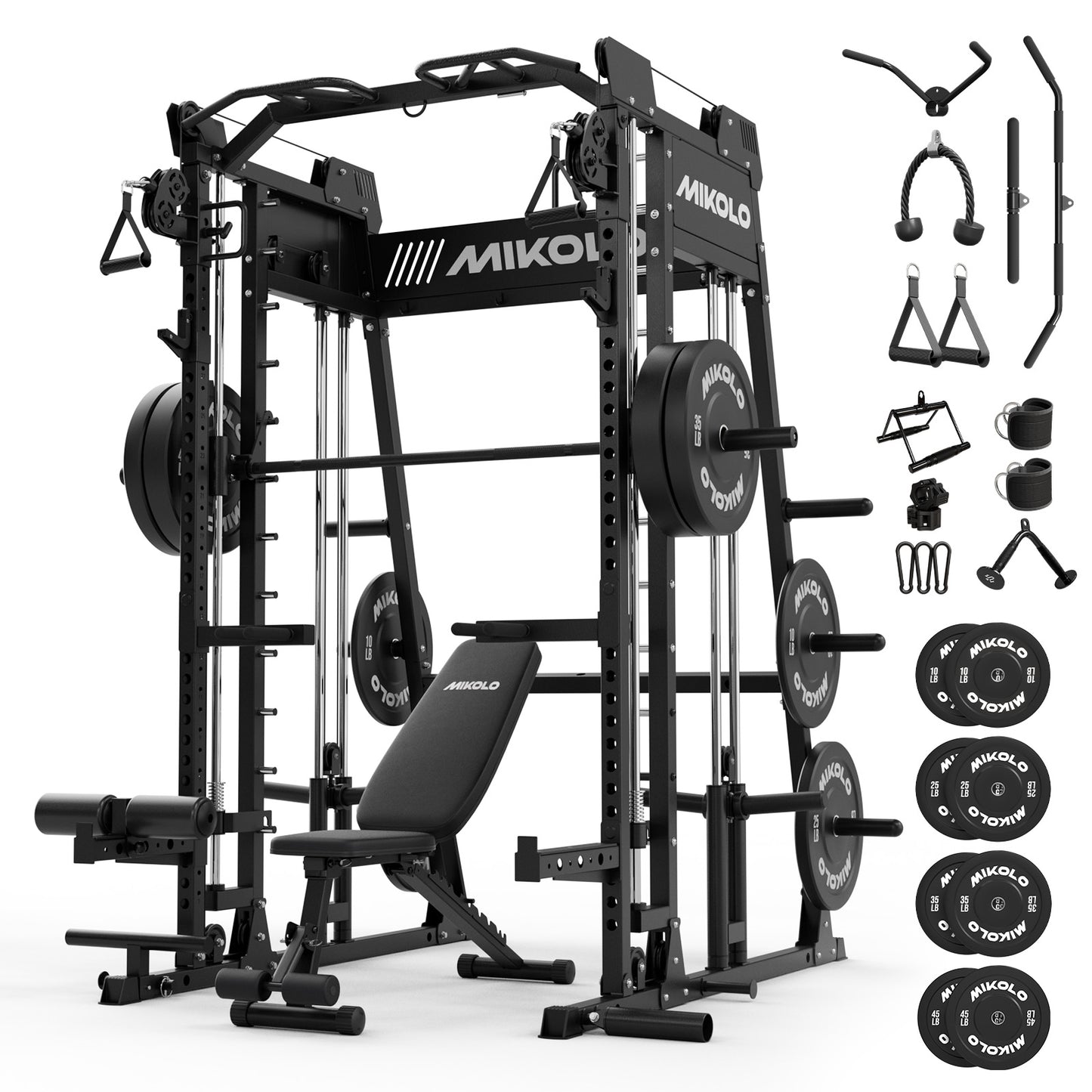 Mikolo M11 Smith Machine, Complete Starter Home Gym Package, 2200 lbs Power Rack with 230LBS Plates and Weight Bench, Total Body Strength Training Cage