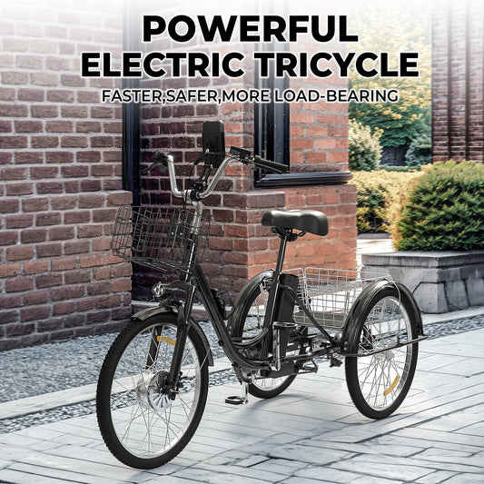 SKERI Electric Tricycle for Adults, 350W 36V Black Electric Trike Motorized Three Wheel Electric Bicycle, 7 Speeds 3 Wheels Adult Electric Tricycle with Large Basket