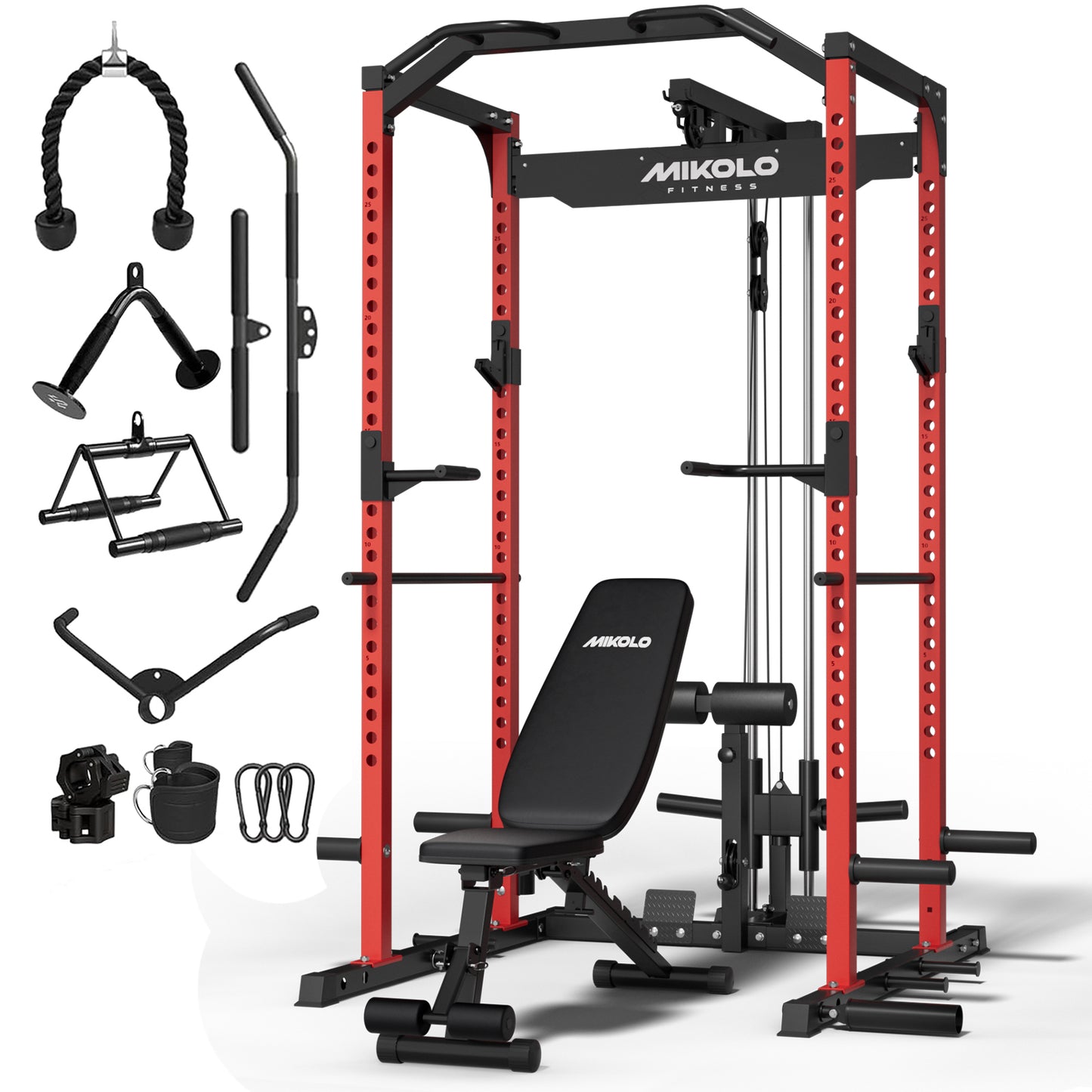 Mikolo Multi-Functional Squat Rack with LAT Pulldown System Exercise Power Cages, Metal Red