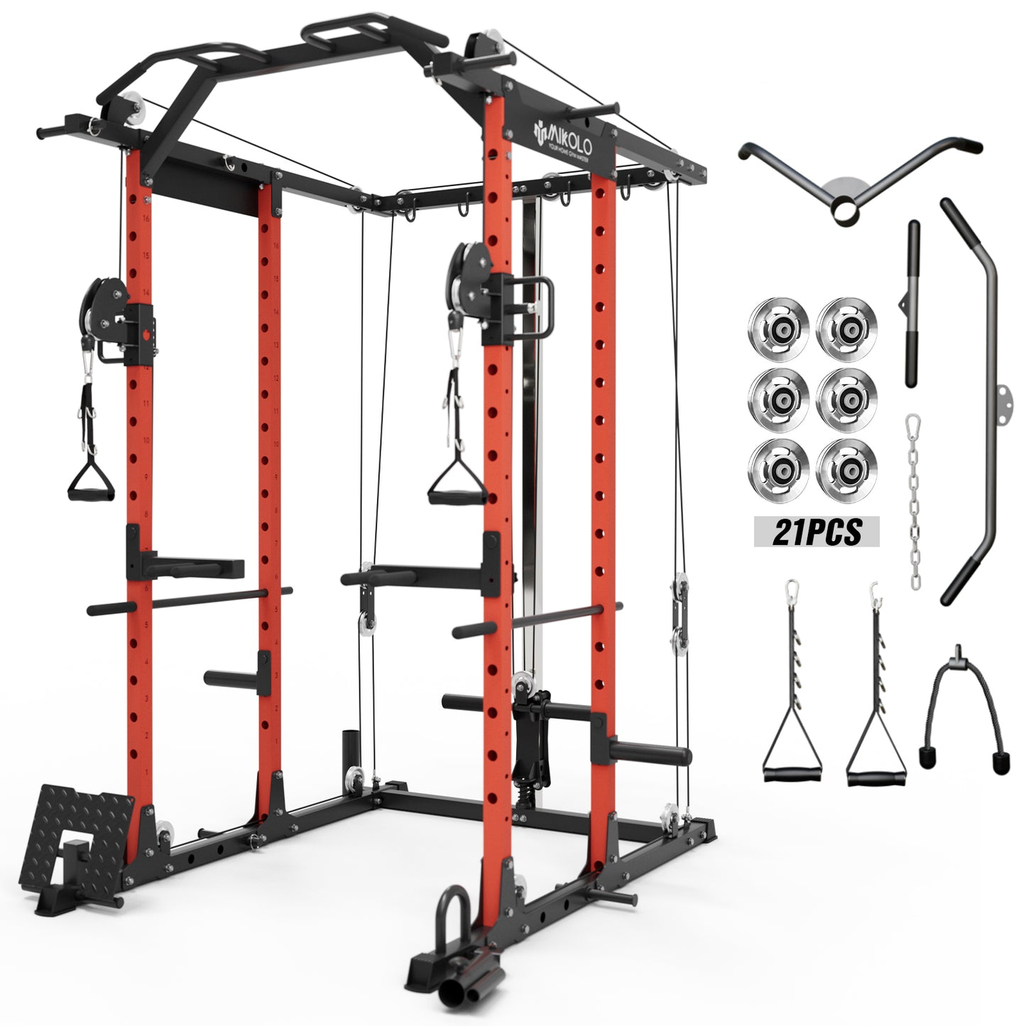 Mikolo Power Rack Cage, Weight Rack with Cable Crossover Machine,Multi-Function Squat Rack with J Hooks,Dip Bars and Landmine for Home Gym (Black) Aluminum Pulleys