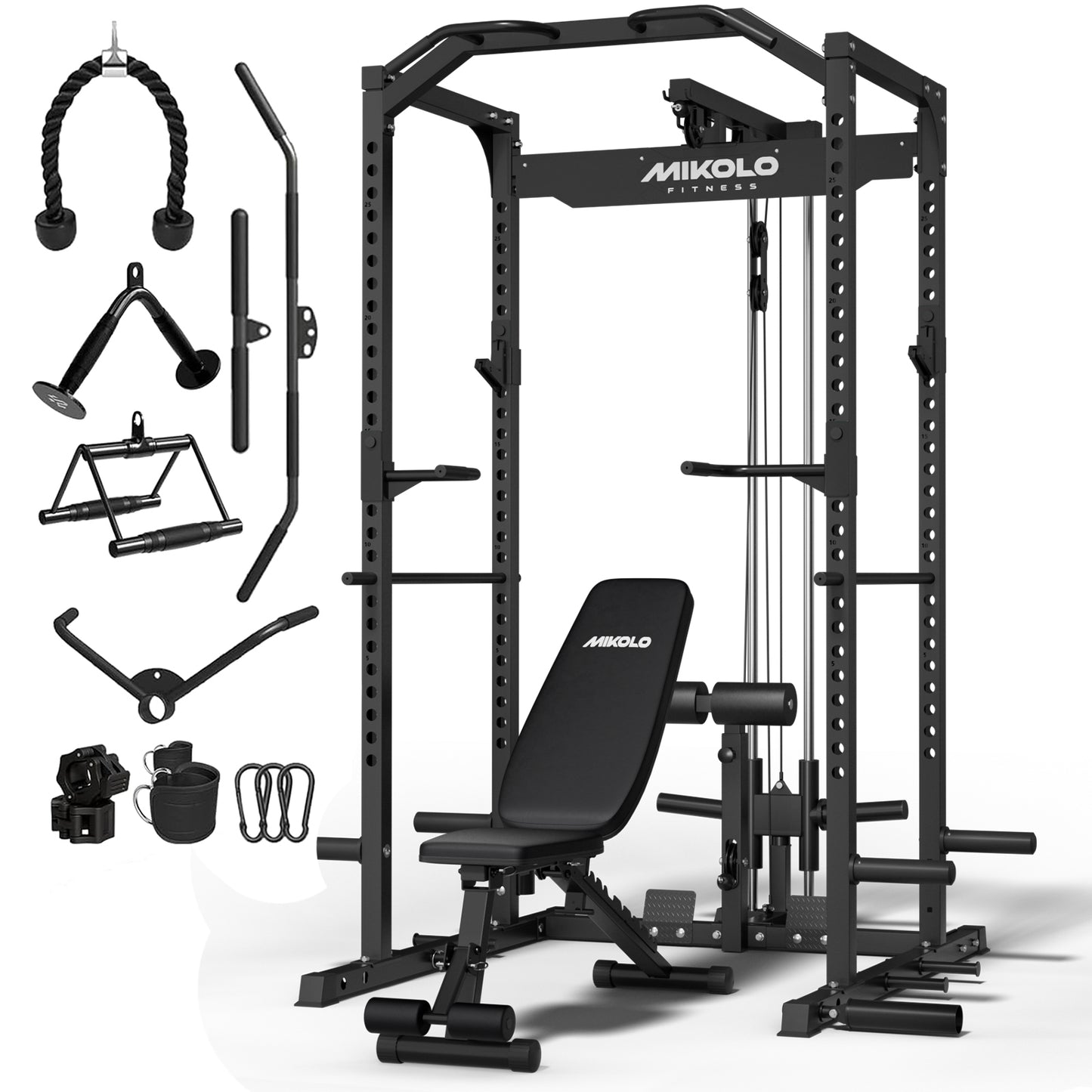 Mikolo Multi-Functional Squat Rack with LAT Pulldown System Exercise Power Cages, Metal Red