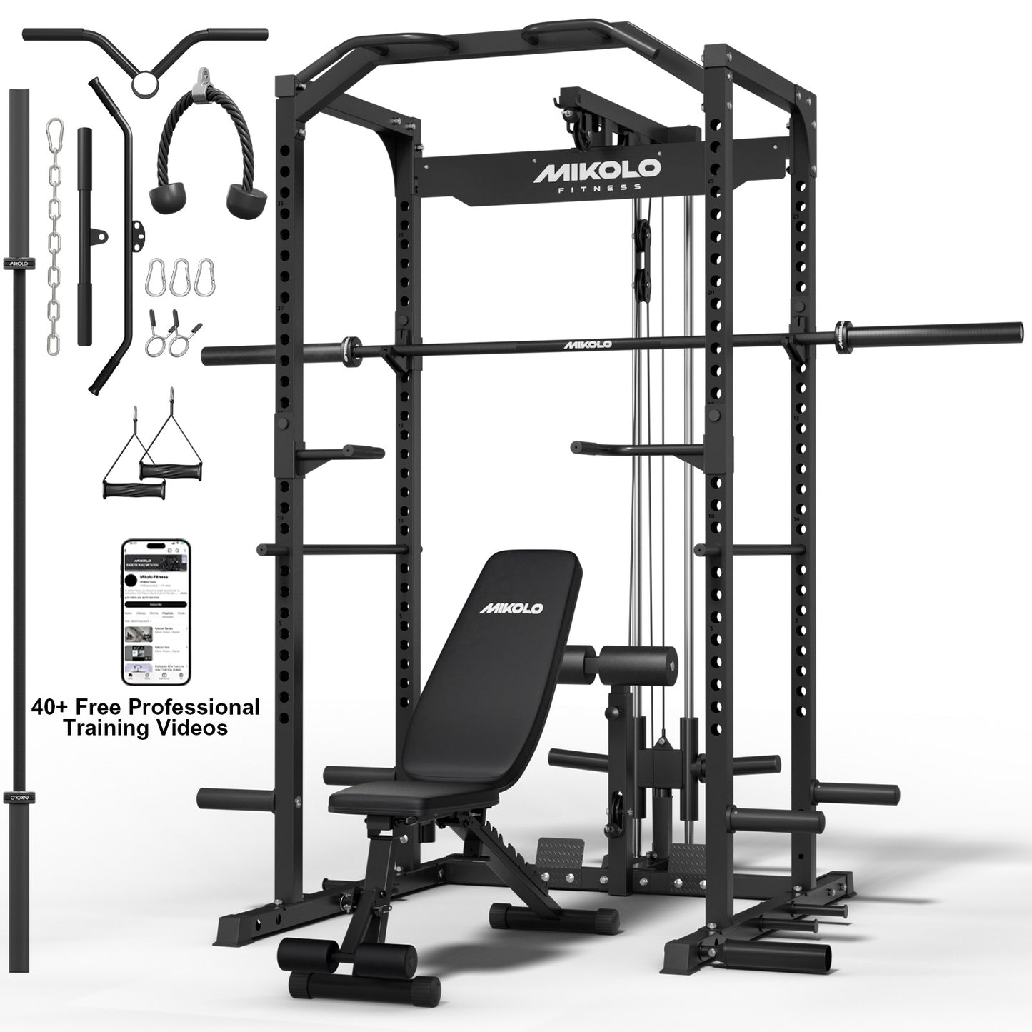 Mikolo Multi-Functional Squat Rack with LAT Pulldown System Exercise Power Cages, Metal Red