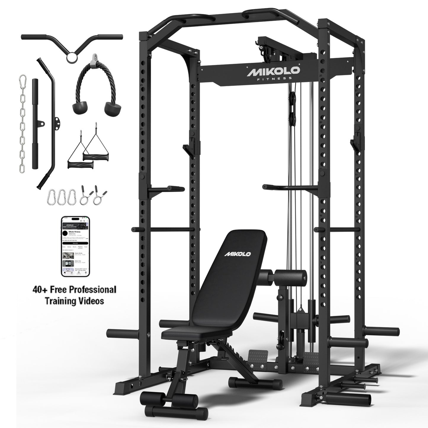 Mikolo Multi-Functional Squat Rack with LAT Pulldown System Exercise Power Cages, Metal Red