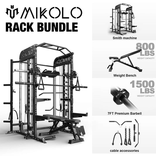 Mikolo Smith Machine, All-in-One Power Rack Cage with Vertical Leg Press, 2000LBS Power Cage Squat Rack with Smith Bar, Dual Pulley Cable Crossover System for Home gym with barbell and weight bench
