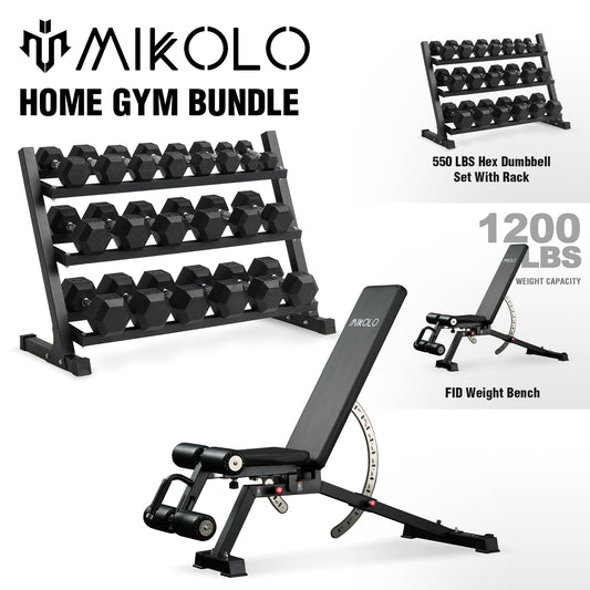 Mikolo Rubber Hex Dumbbell Set with Racks and FID Weighted Bench, Options in 550lbs, Strength Training Weight Set Home Gym