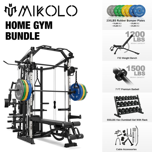 Mikolo Smith Machine Power Cage, Multi-Function Home Gym System with Cable Crossover, 121LB Weight Stack