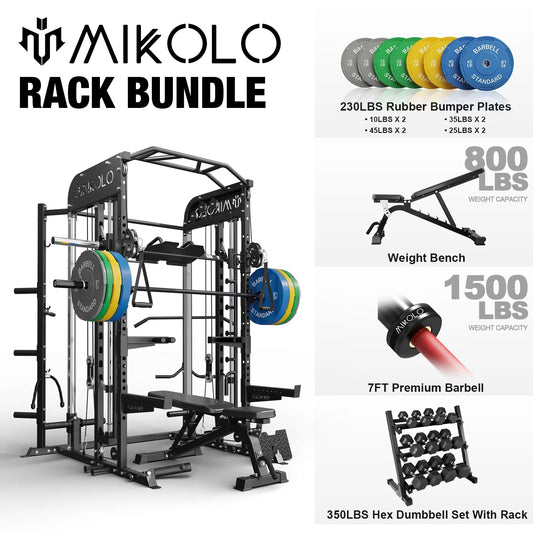 Mikolo Smith Machine, All-in-One Power Rack Cage with Adjustable Cable Crossover, Vertical Leg Press and Smith Bar with 800 lbs Capacity Weight Bench