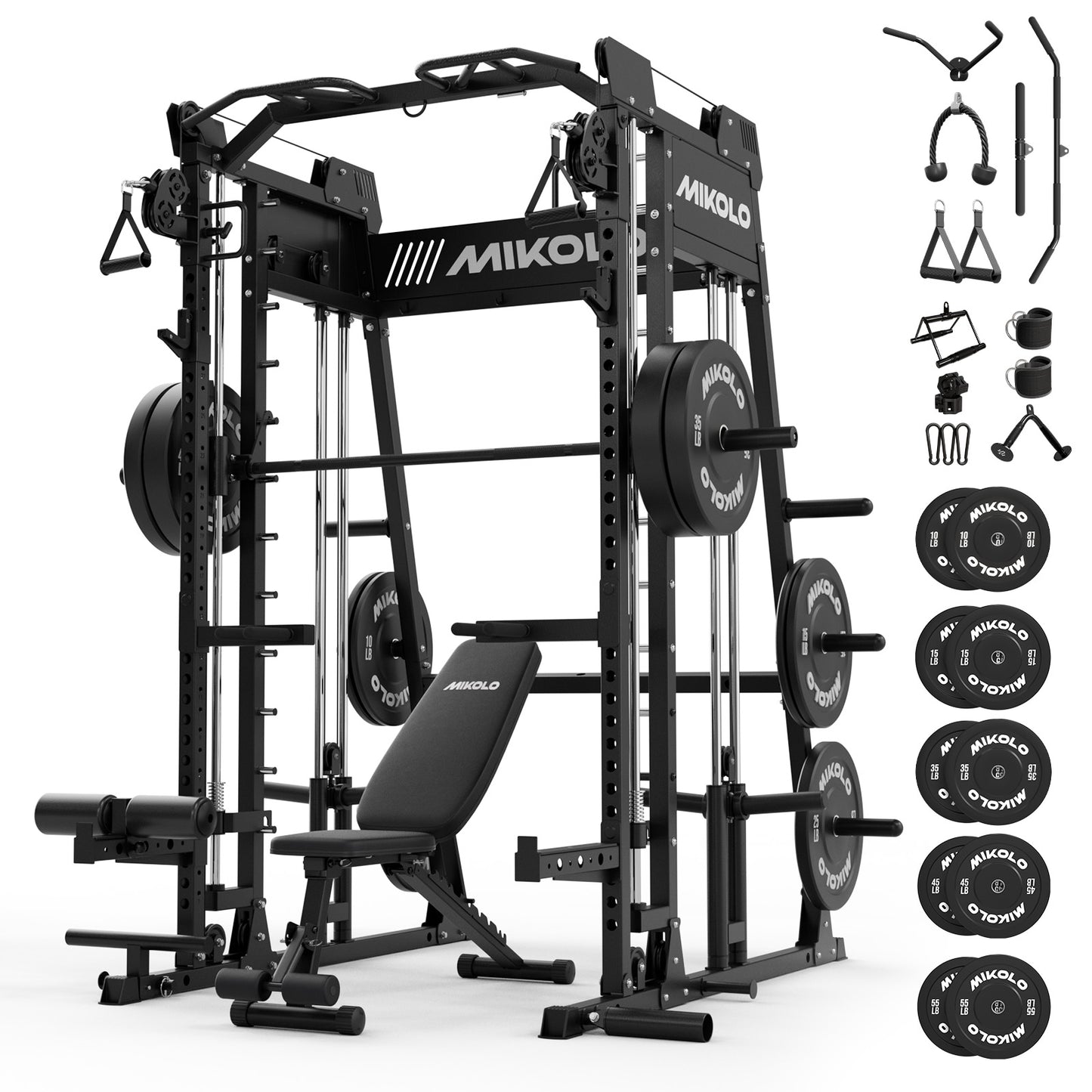 Mikolo M11 Smith Machine, Complete Starter Home Gym Package, 2200 lbs Power Rack with 230LBS Plates and Weight Bench, Total Body Strength Training Cage