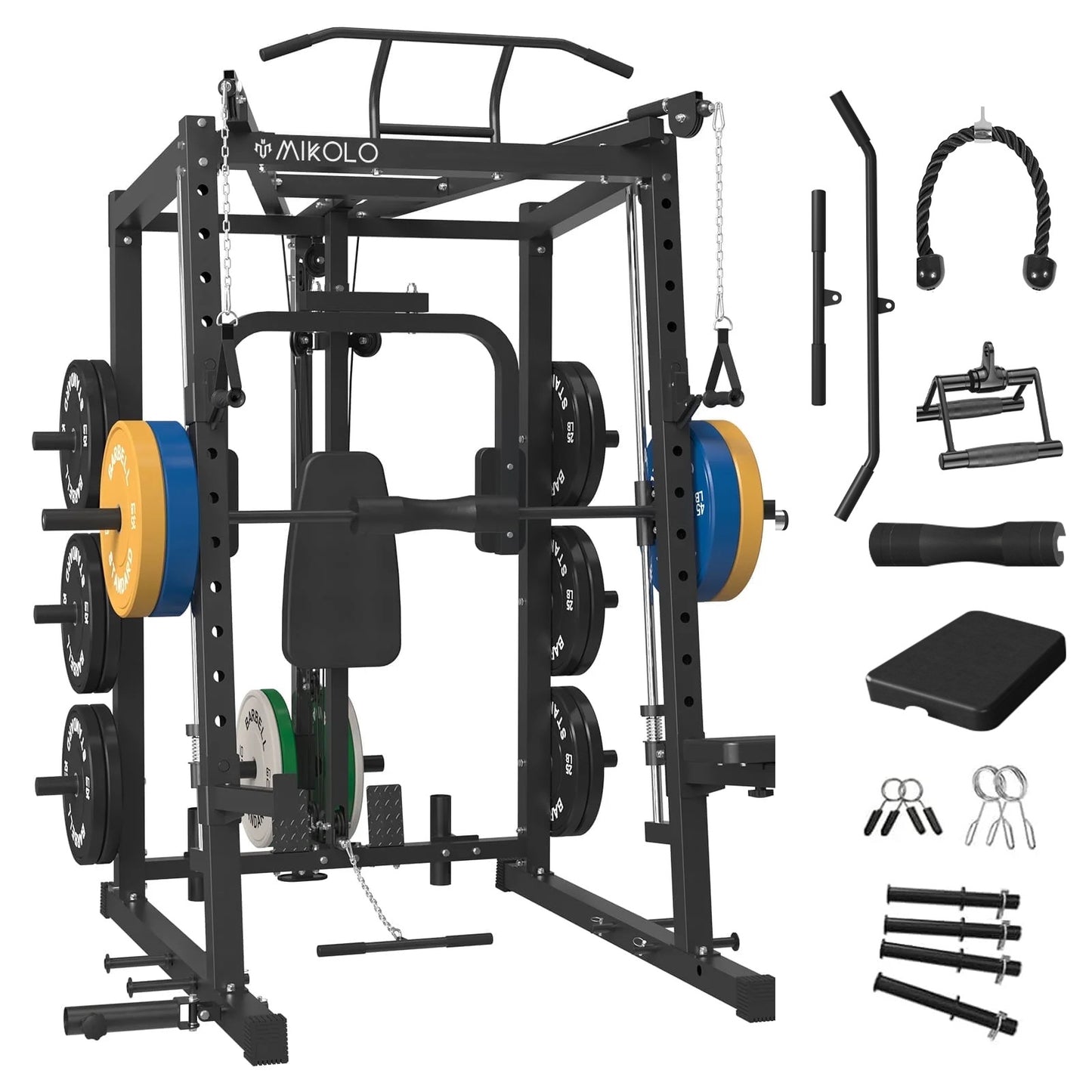 Mikolo Smith Machine, 2000LBS Power Cage Squat Rack with Chest Fly Arm, Two LAT Pull-Down Systems, Cable Crossover Machine and and More Cable Attachment for Home Gym