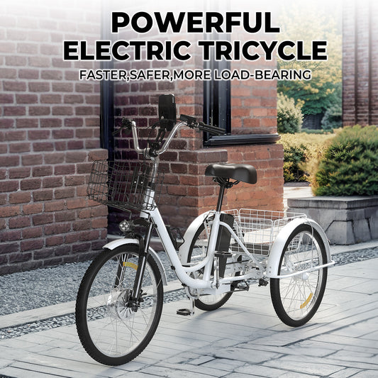 SKERI Electric Tricycle for Adults, 350W 36V White Electric Trike Motorized Three Wheel Electric Bicycle, 7 Speeds 3 Wheels Adult Electric Tricycle with Large Basket