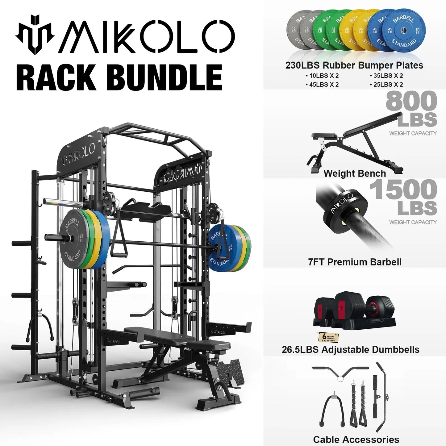Mikolo Smith Machine, All-in-One Power Rack Cage with Vertical Leg Press, 2000LBS Power Cage Squat Rack with Smith Bar, Dual Pulley Cable Crossover System for Home Gym with Adjustable Dumbbells