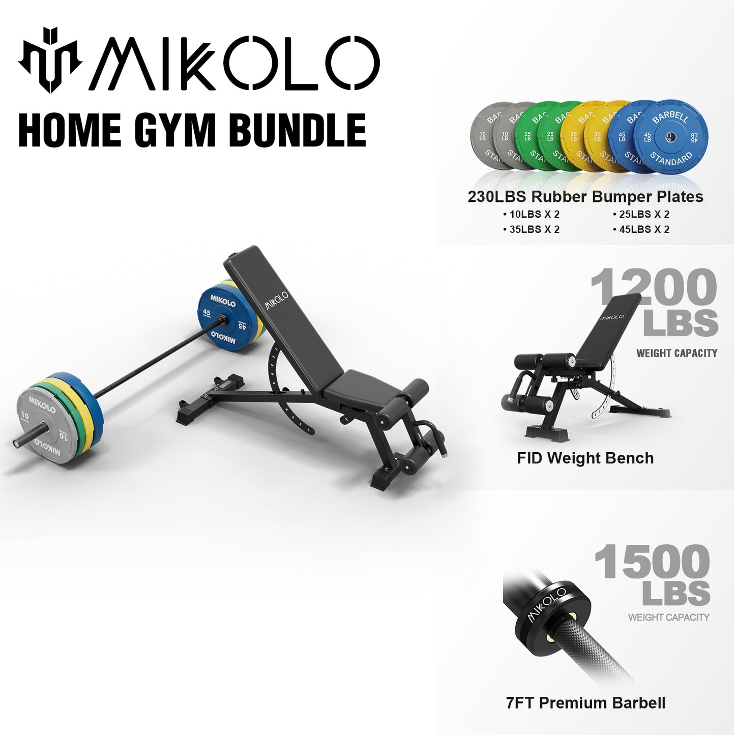 Mikolo 7ft Olympic Barbell, Barbell for Weightlifting and Powerlifting 45lb, Olympic Bar for 1500lbs Capacity, Weight Bar Fit 2” Standard Weights