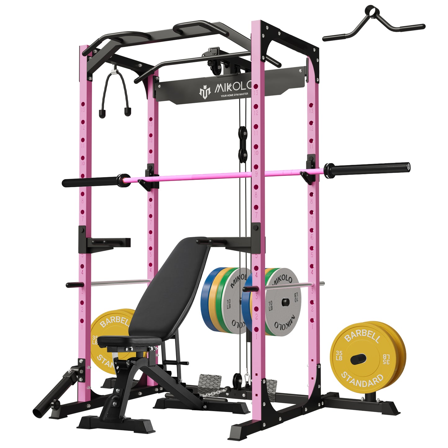 Mikolo Power Rack Cage with LAT Pulldown System,1200 lbs Capacity Power Rack with 800 lbs Capacity Weight Bench and 1500 lbs Capacity Barbell Combo (Upgraded)