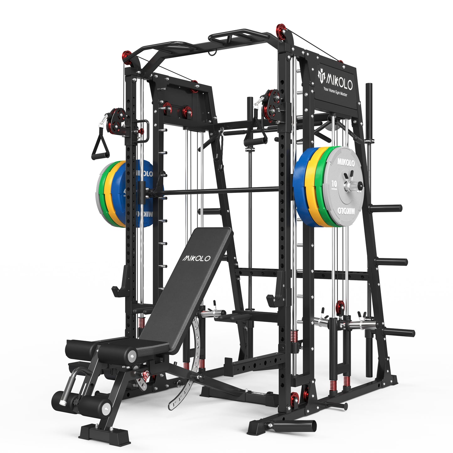 Mikolo Smith Machine with Aluminum Pulleys, 2200lbs Squat Rack with LAT-Pull Down System & Cable Crossover Machine, Training Equipment with Leg Hold-Down Attachment