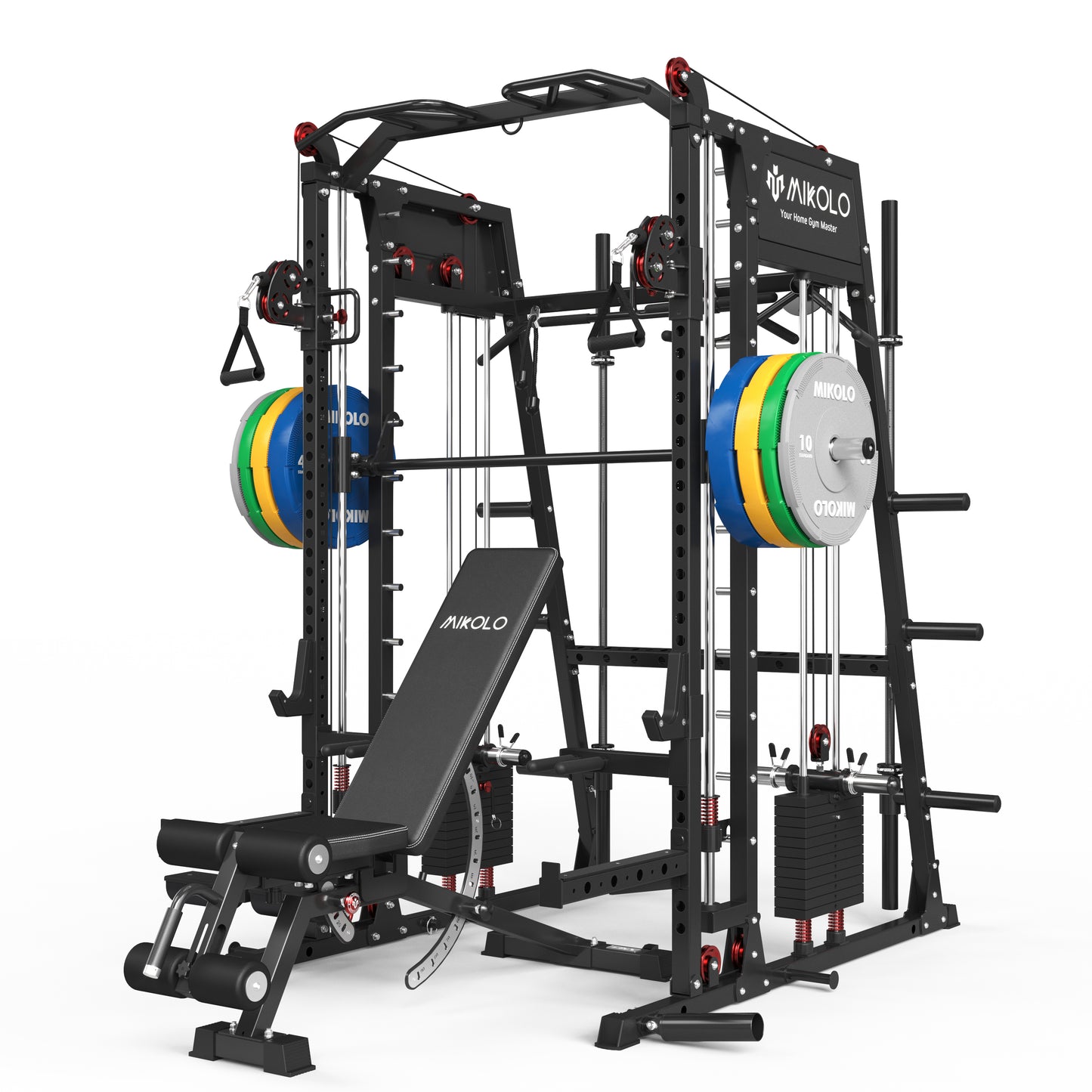 Mikolo Smith Machine with Aluminum Pulleys, 2200lbs Squat Rack with LAT-Pull Down System & Cable Crossover Machine, Training Equipment with Leg Hold-Down Attachment
