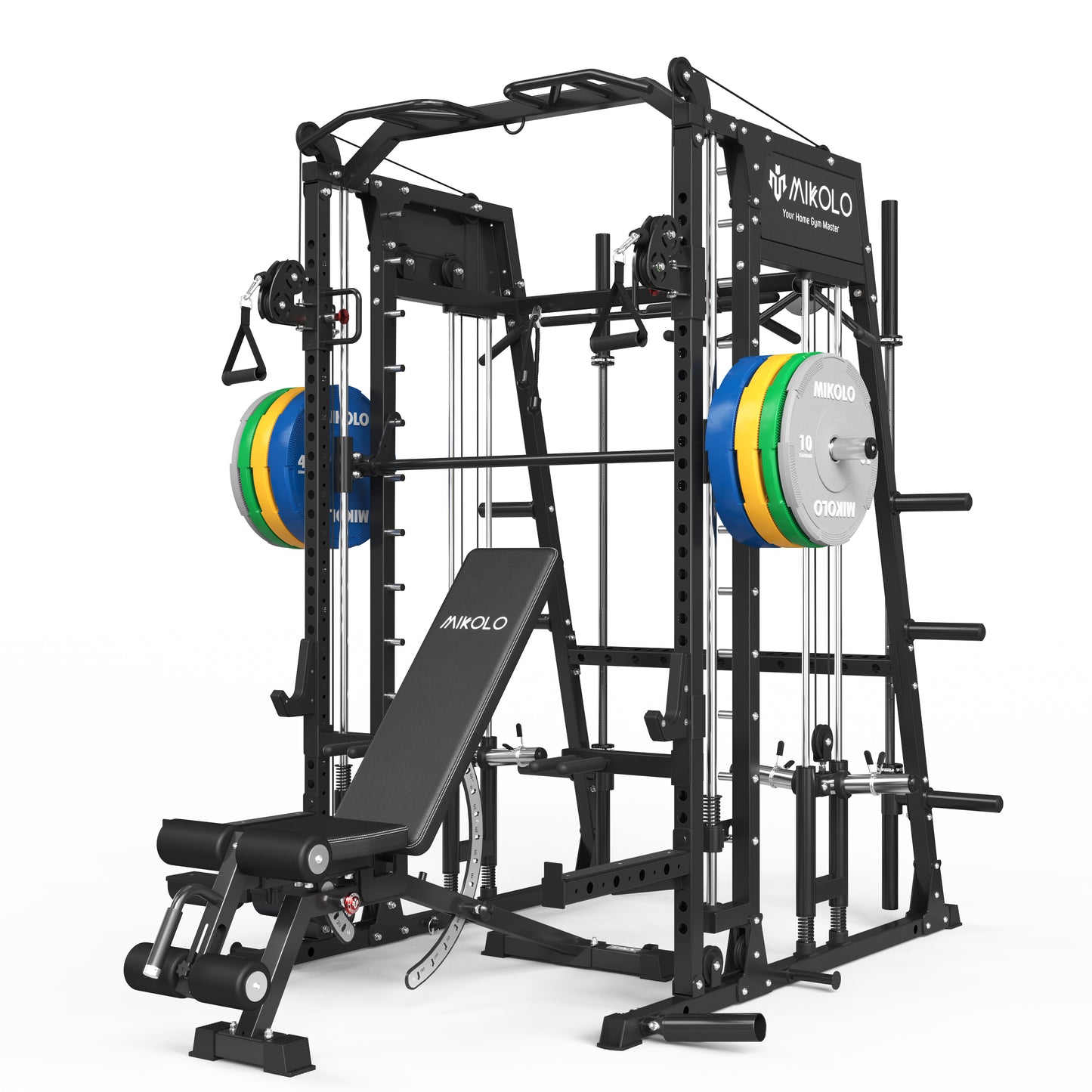 Mikolo Smith Machine with Aluminum Pulleys, 2200lbs Squat Rack with LAT-Pull Down System & Cable Crossover Machine, Training Equipment with Leg Hold-Down Attachment