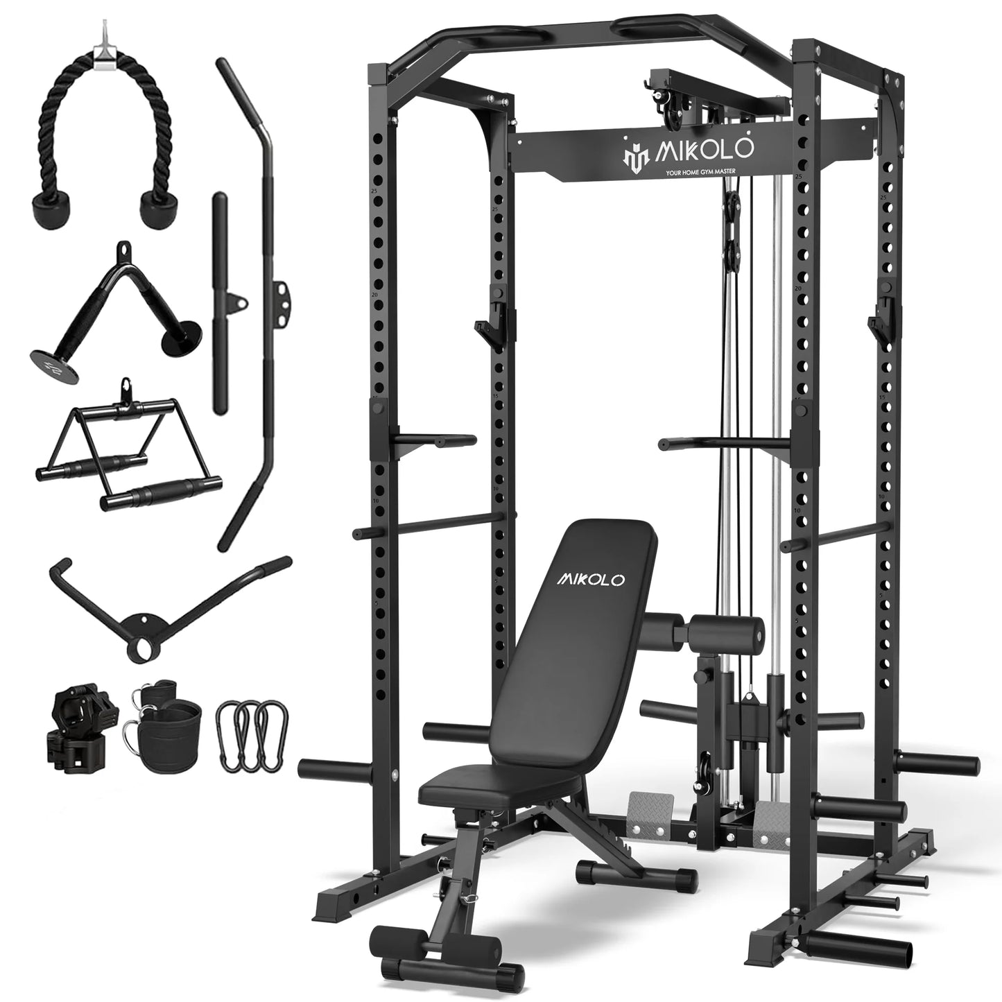 Mikolo Power Rack Cage with LAT Pulldown System,1200 lbs Capacity Power Rack with 800 lbs Capacity Weight Bench Cable Accessories, Black