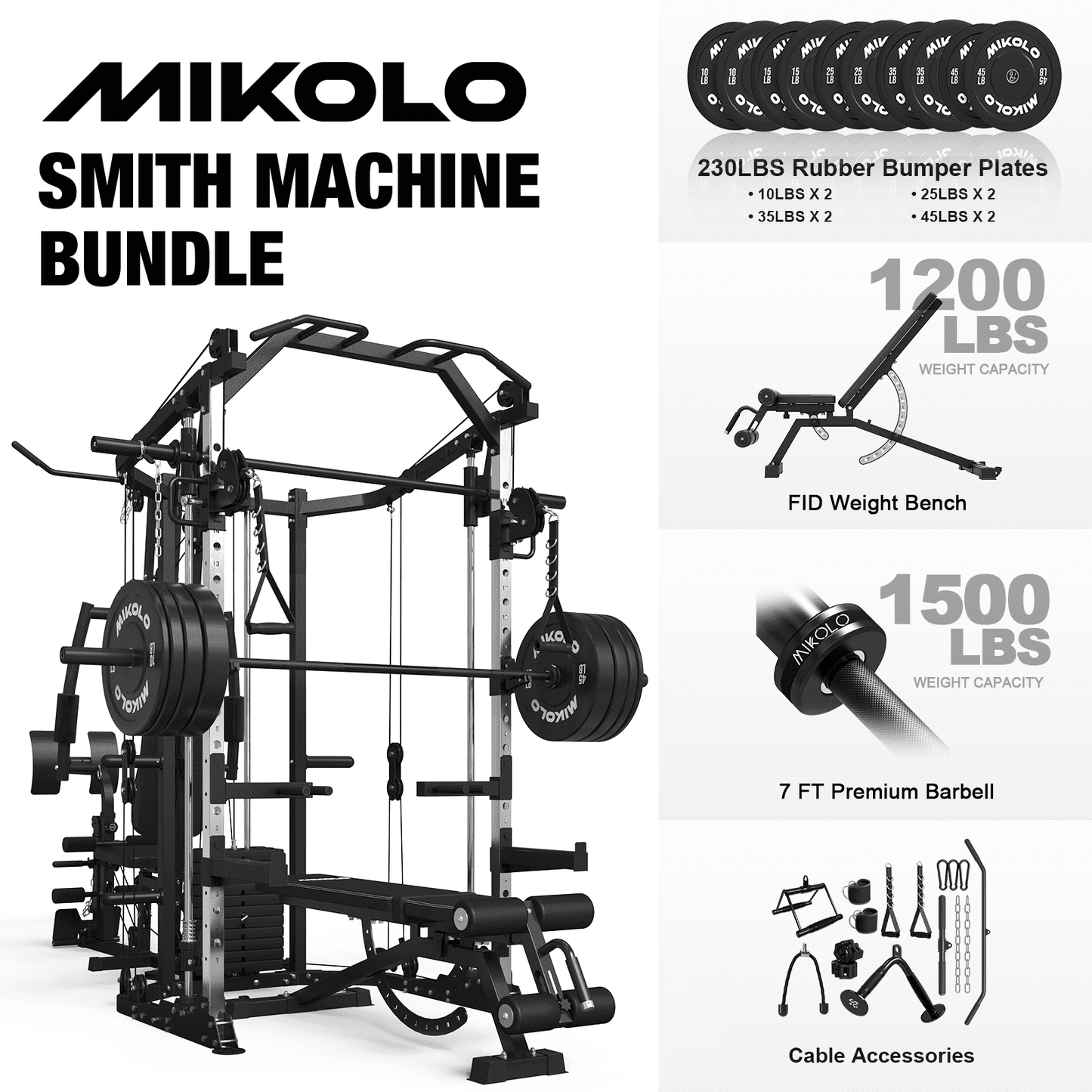 Mikolo Smith Machine Power Cage, Multi-Function Home Gym System with Cable Crossover, 121LB Weight Stack