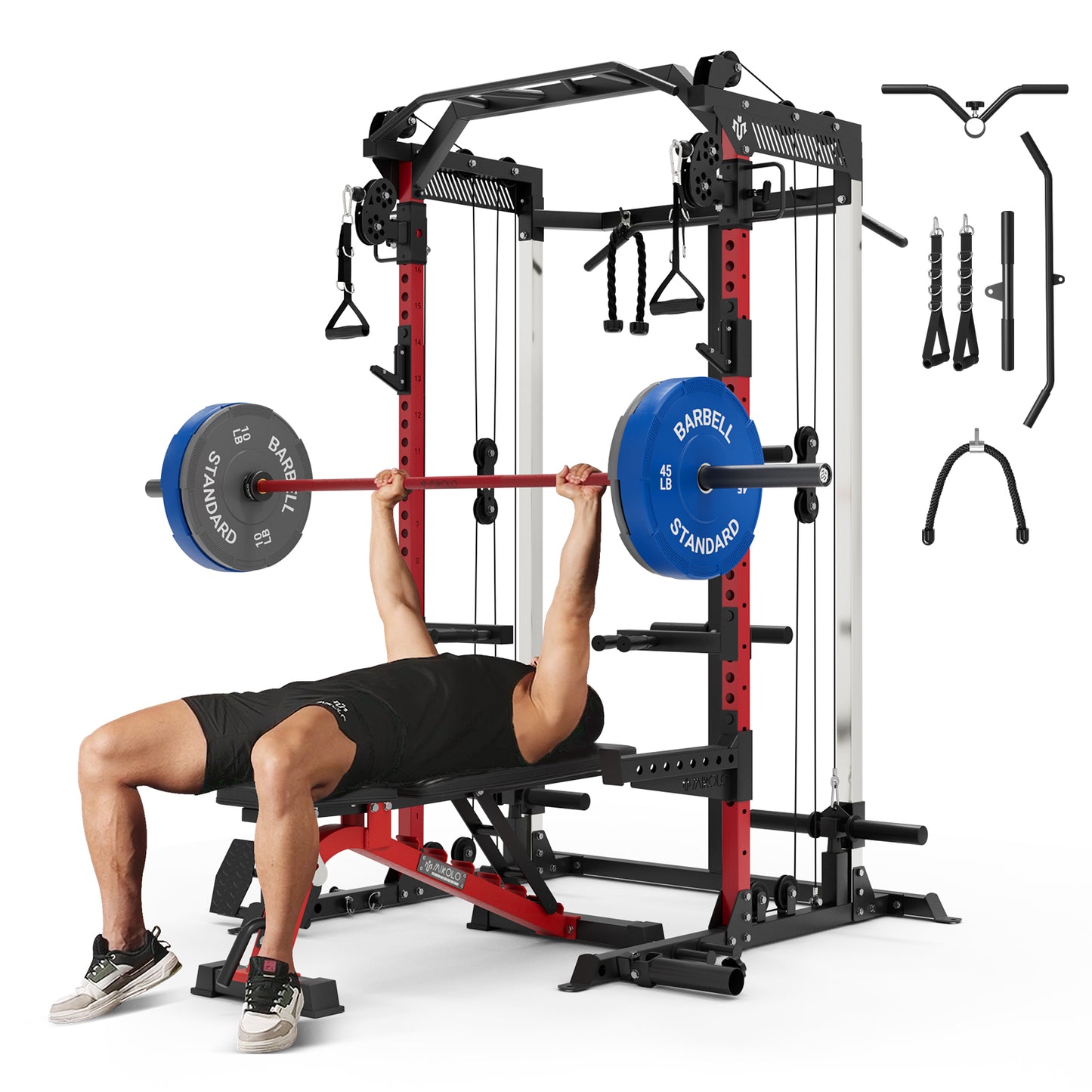 Mikolo Power Cage, Squat Rack with Dual Pulley Cable Crossover System, Multifunction Free Weight Home Gym Workout Machine with Attachments