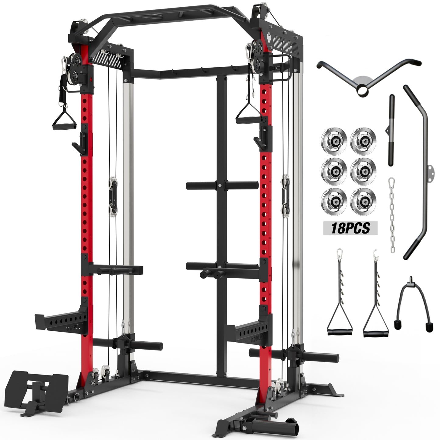 Mikolo Power Rack Cage, Weight Rack with Dual Pulley Cable Crossover Machine,Multi-Function Squat Rack with J Hooks,Dip Bars and Landmine for Home Gym (Red) Aluminum Pulleys