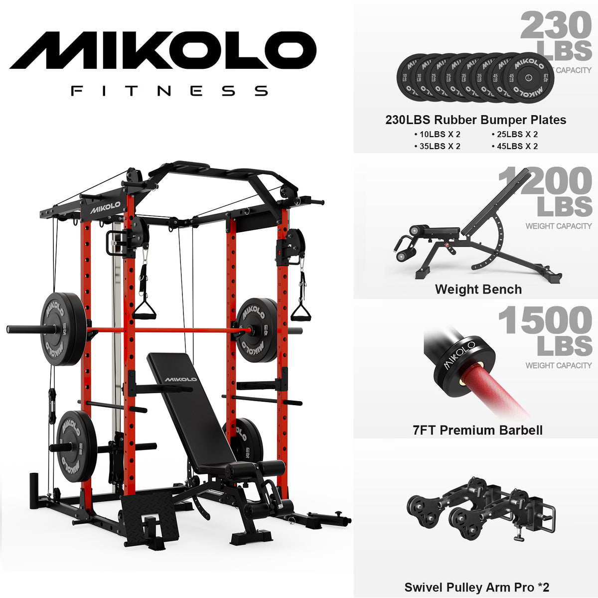 Mikolo Power Rack Cage, 1500LBS Weight Cage with 800LB Capacity Adjustable Weight Bench, 1500LB Capacity Barbell and 230LB Weight Plate set Red