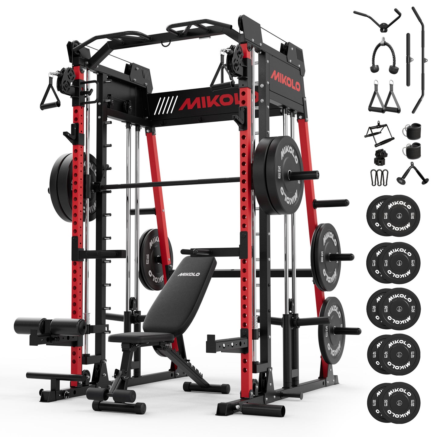 Mikolo M11 Smith Machine, Complete Starter Home Gym Package, 2200 lbs Power Rack with 230LBS Plates and Weight Bench, Total Body Strength Training Cage