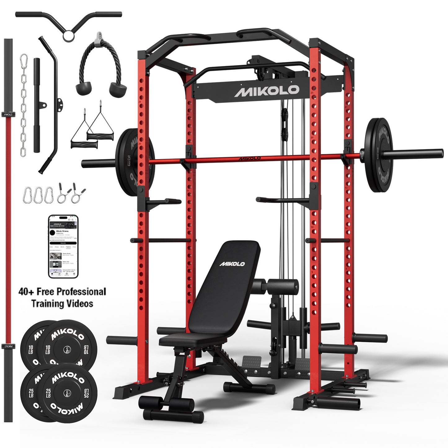 Mikolo Power Rack Cage, 1200LBS Weight Cage with 800LB Capacity Adjustable Weight Bench, 1500LB Capacity Barbell and 230LB Black Plate set
