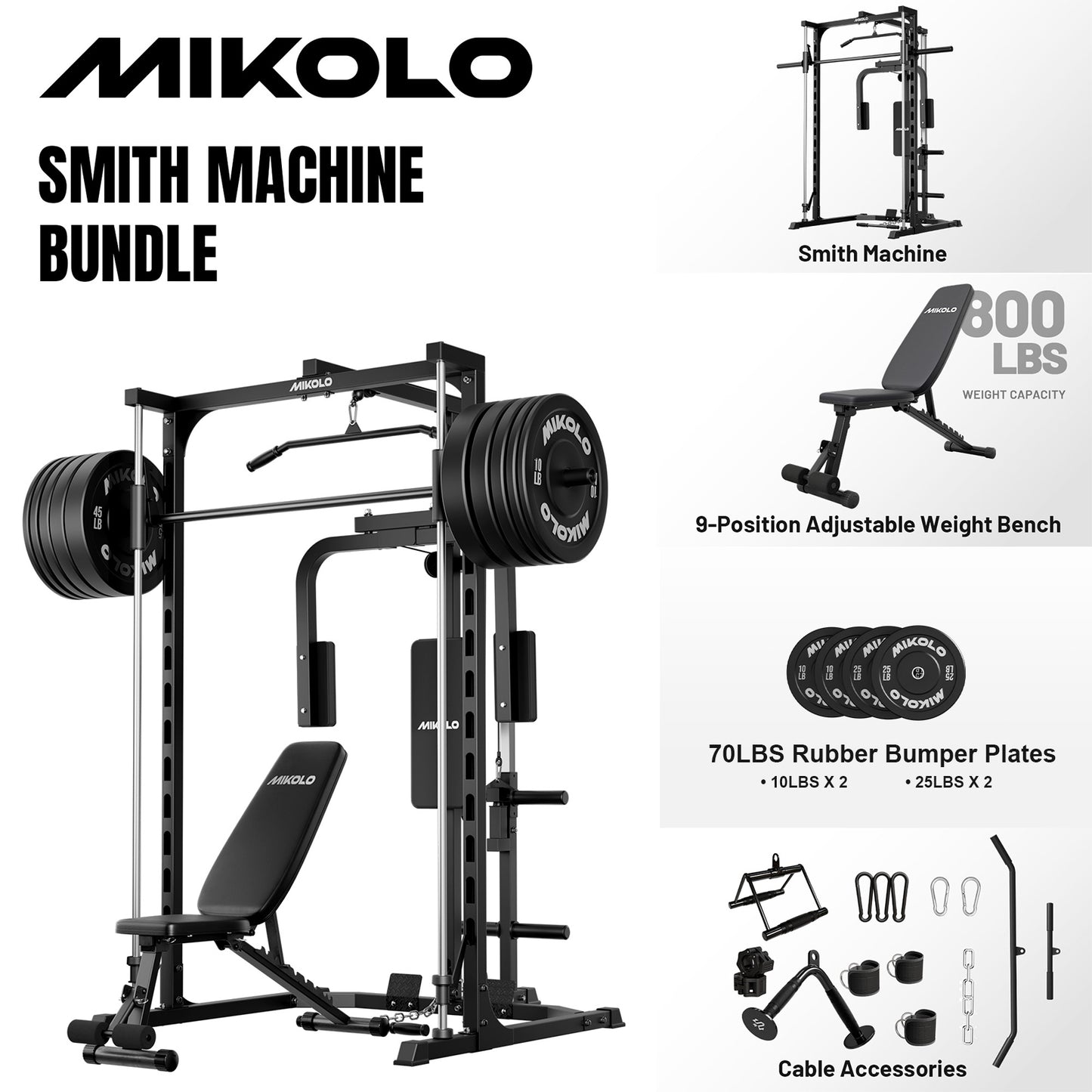 Mikolo Smith Machine Home Gym, Multi-Functional Power Rack with Pec Deck Machine, Lat Pull Down System, Low Row Station with Cable bar and Foot Board