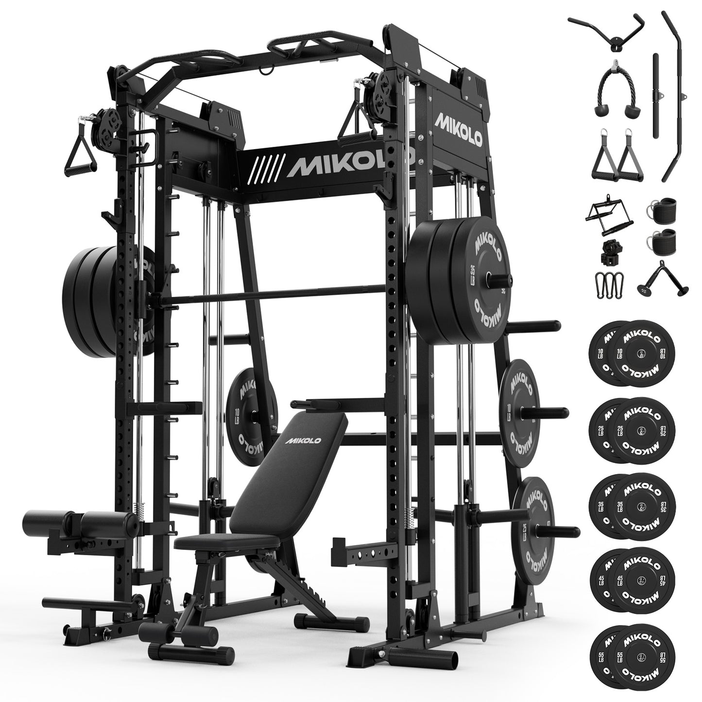 Mikolo M11 Smith Machine, Complete Starter Home Gym Package, 2200 lbs Power Rack with 230LBS Plates and Weight Bench, Total Body Strength Training Cage
