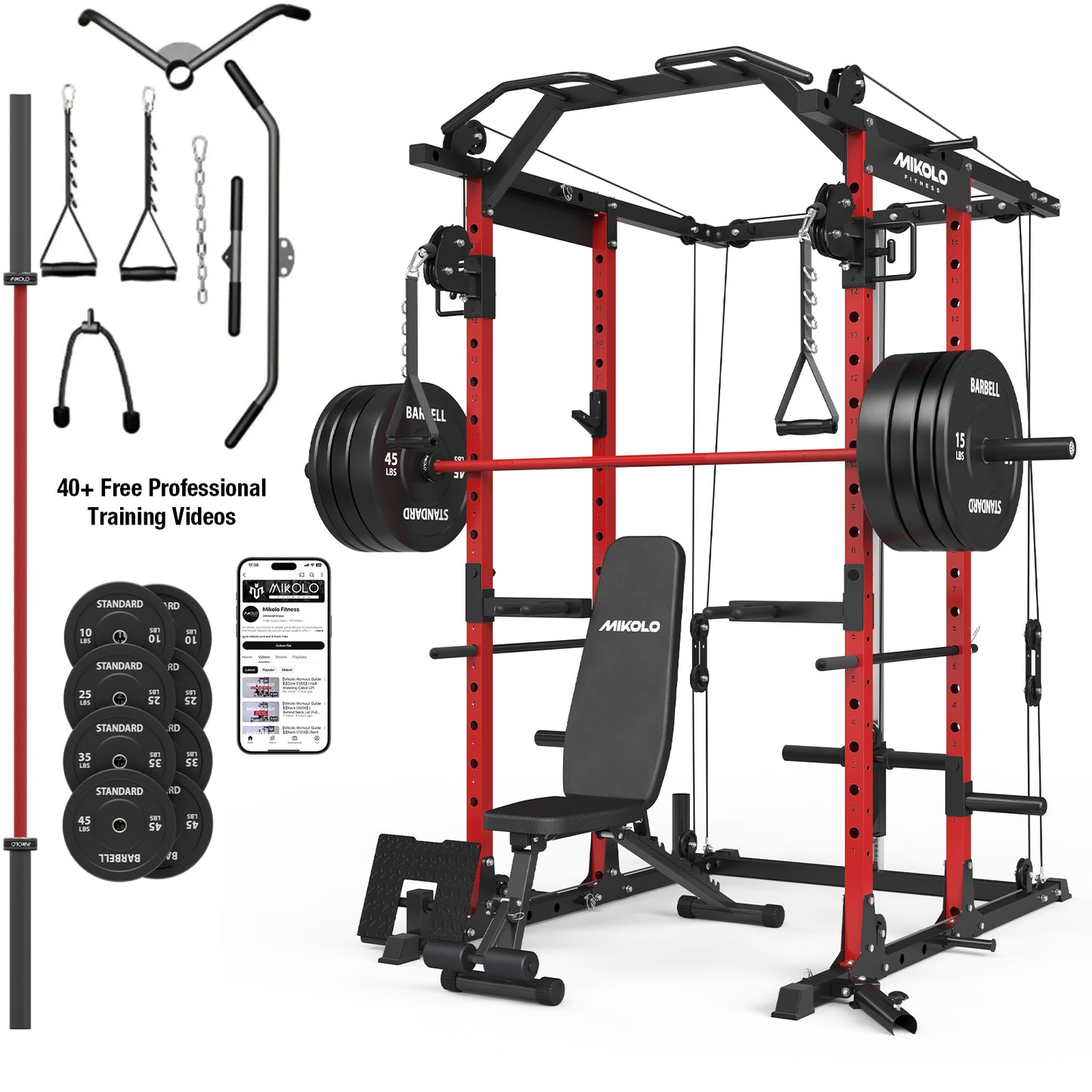Mikolo Power Rack Cage, 1500LBS Weight Cage with 800LB Capacity Adjustable Weight Bench, 1500LB Capacity Barbell and 230LB Weight Plate set Red