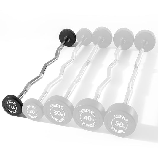 Mikolo Rubber Coated Fixed Weight EZ Curl Barbell, Pre-Loaded Weights EZ Curl Solid Steel Barbells, Weighted Bar for Weightlifting Exercise （10LBS）