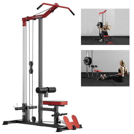 Mikolo LAT Pull Down Machine Set, Multifunction Cable Workout Equipment with Flip-up Footplate and Plates Storage Posts