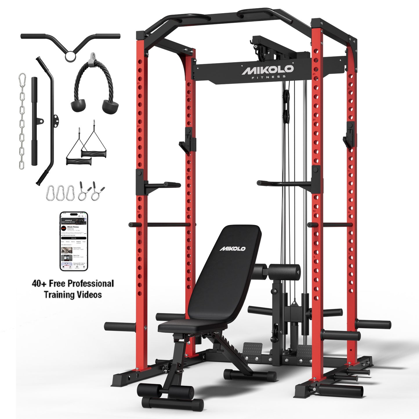 Mikolo Multi-Functional Squat Rack with LAT Pulldown System Exercise Power Cages, Metal Red