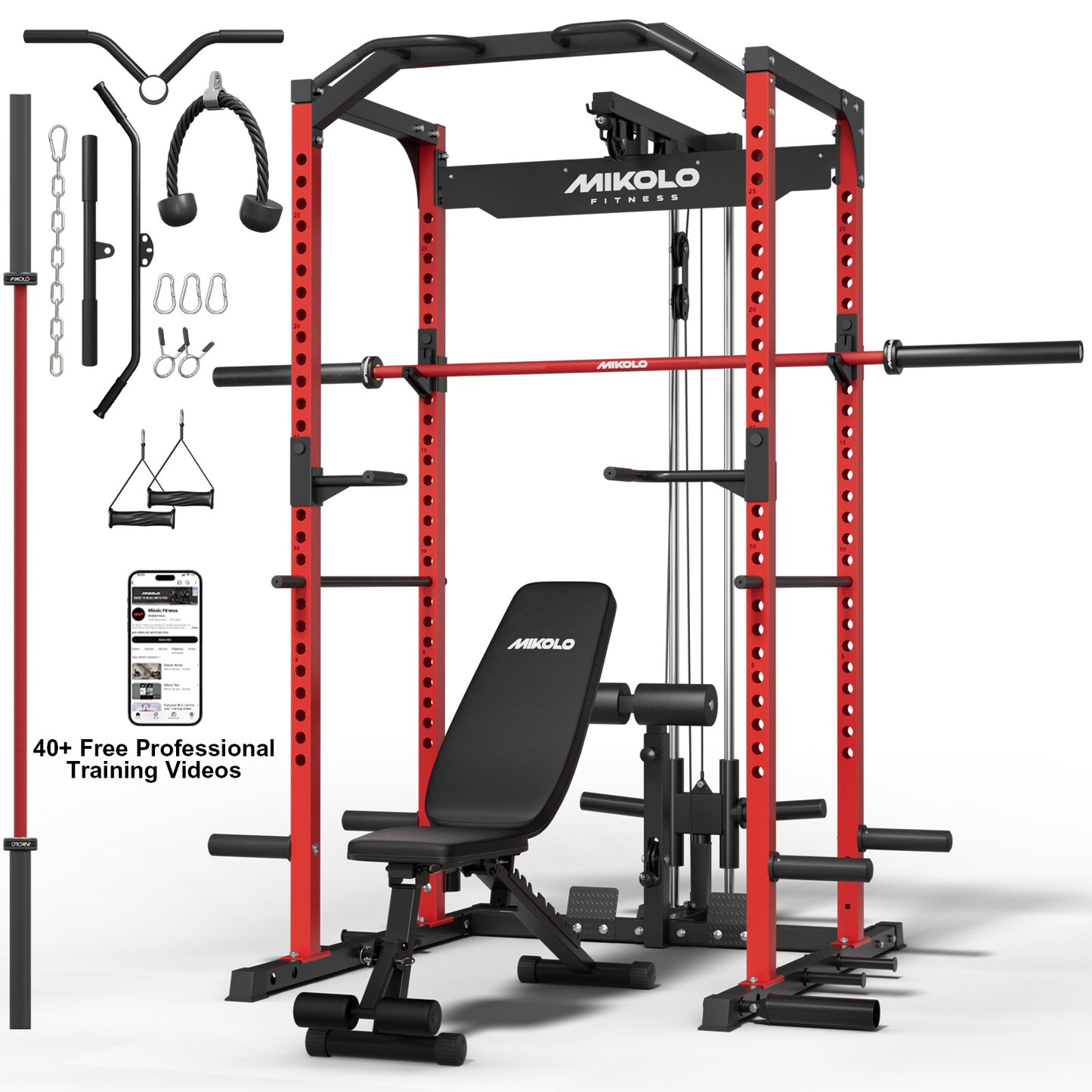 Mikolo Multi-Functional Squat Rack with LAT Pulldown System Exercise Power Cages, Metal Red