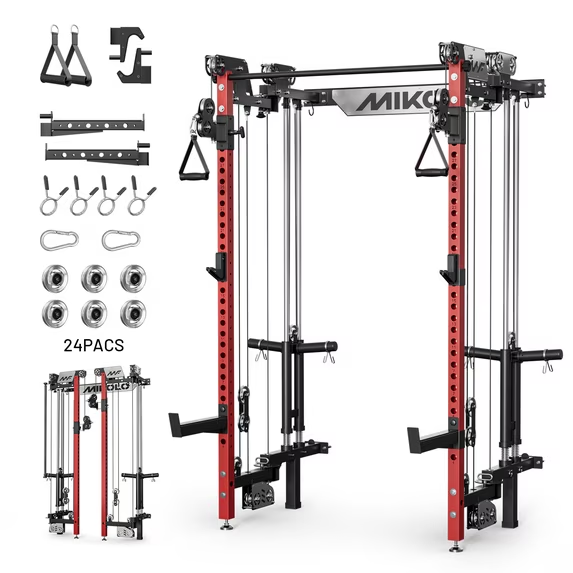 Mikolo Foldable Power Rack Cage,1000lbs Capacity Wall Mounted Squat Rack with independent pulley system, Space Saving Home Gym Equipment with 5 Adjustable Angle