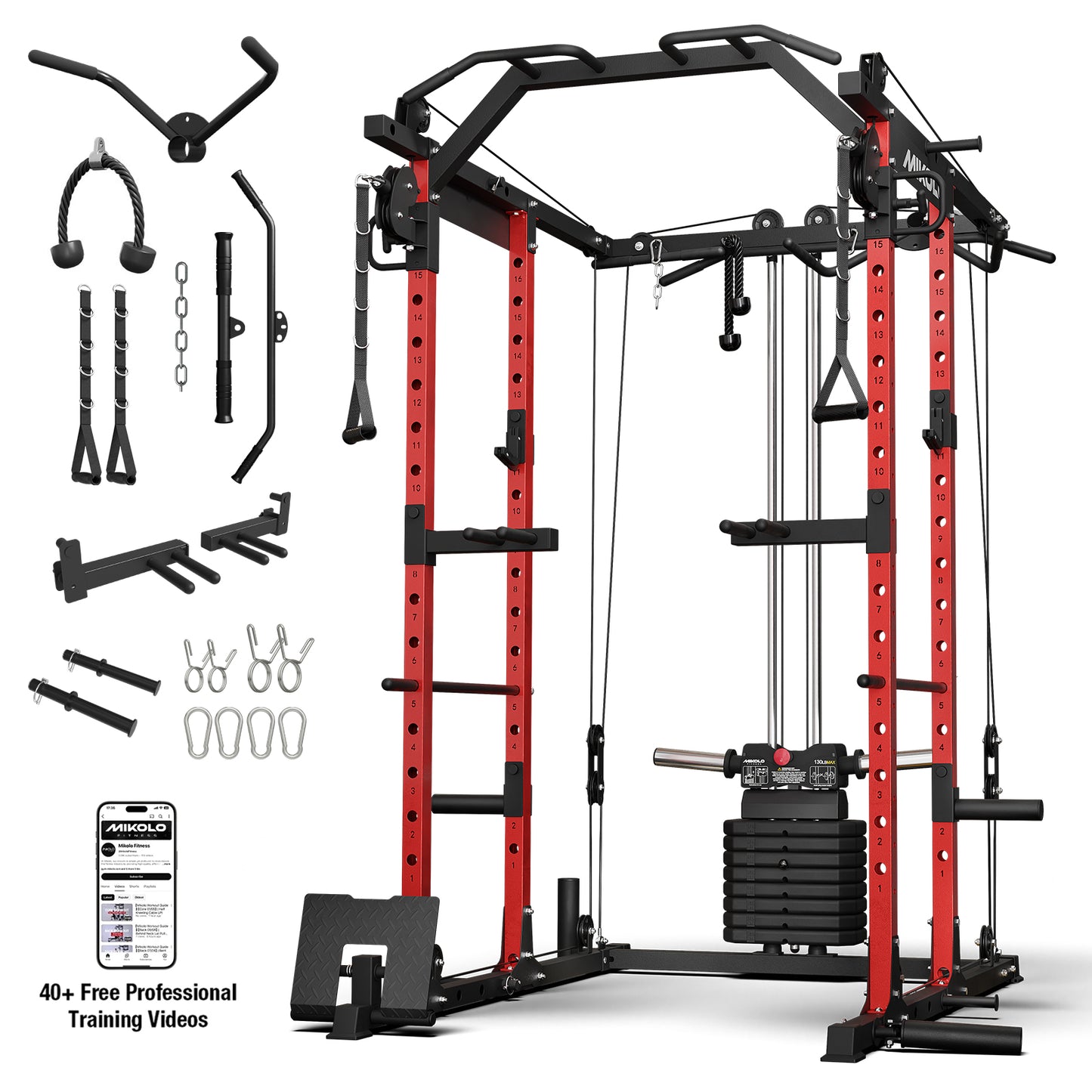 Mikolo Power Rack Cage, Weight Stack Power Cage with Cable Crossover Machine, Multi-Function Squat Rack with Dip Bars and Landmine for Home Gym Red
