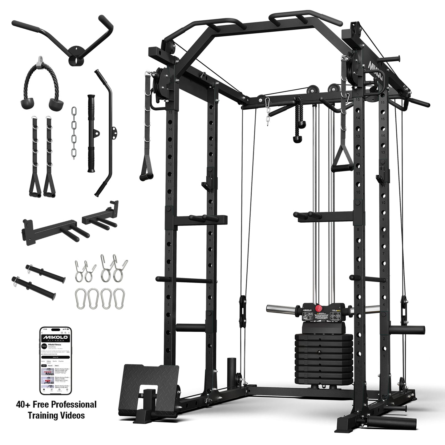 Mikolo Power Rack Cage, Weight Stack Power Cage with Cable Crossover Machine, Multi-Function Squat Rack with Dip Bars and Landmine for Home Gym Red