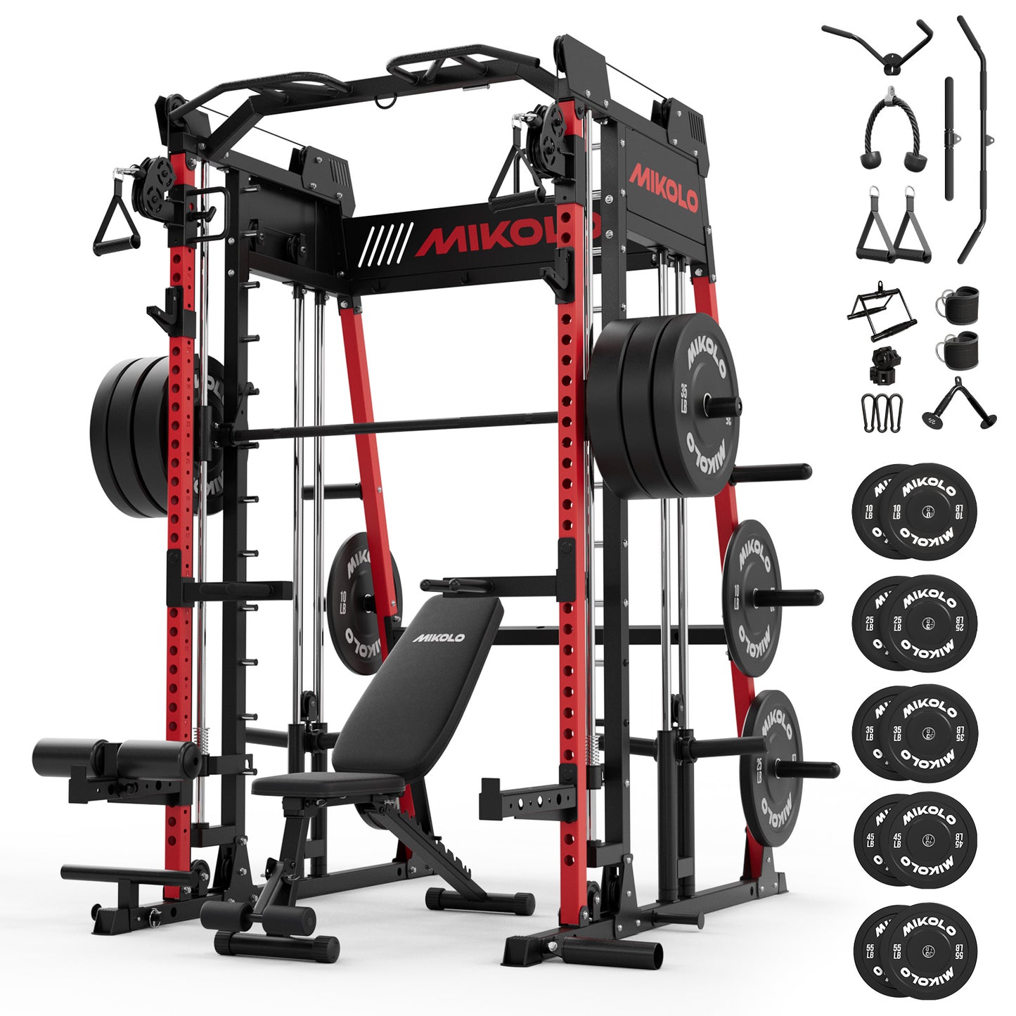 Mikolo M11 Smith Machine, Complete Starter Home Gym Package, 2200 lbs Power Rack with 230LBS Plates and Weight Bench, Total Body Strength Training Cage