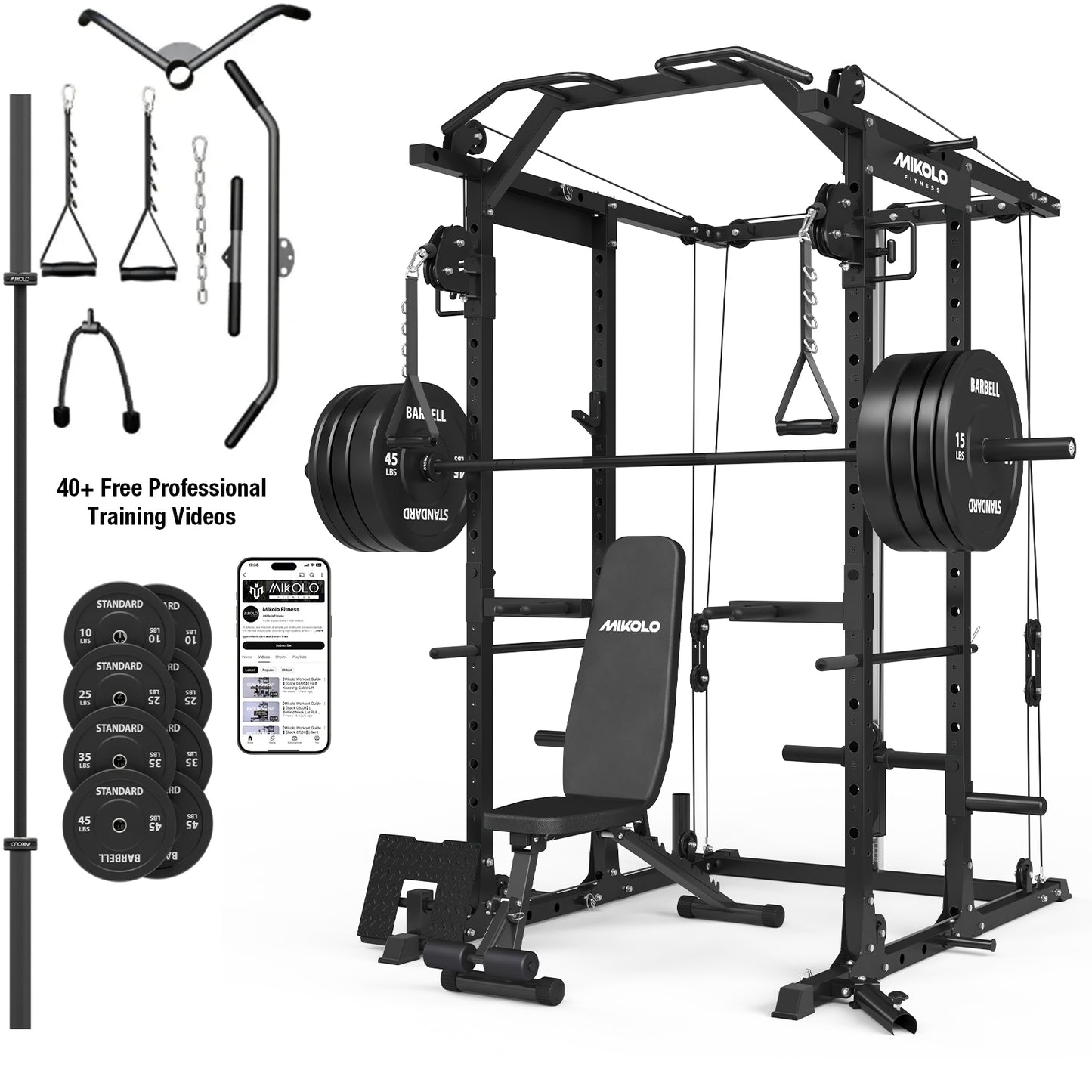 Mikolo Power Rack Cage, 1500LBS Weight Cage with 800LB Capacity Adjustable Weight Bench, 1500LB Capacity Barbell and 230LB Weight Plate set Red