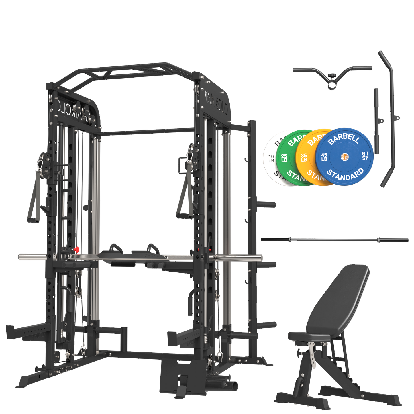 Mikolo Smith Machine, All-in-One Power Rack Cage with Adjustable Cable Crossover, Vertical Leg Press and Smith Bar, Multifunctional Squat Rack with J Hook, Spotter Arms and Other