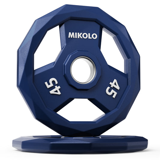 MIKOLO Color Coded Weight Plate 2-Inch Rubber Coated Olympic Grip Plate for Barbell, Solid Cast Iron for Strength Training, Weightlifting, Crossfit, Home Gym, 90LB, 45LB Pair