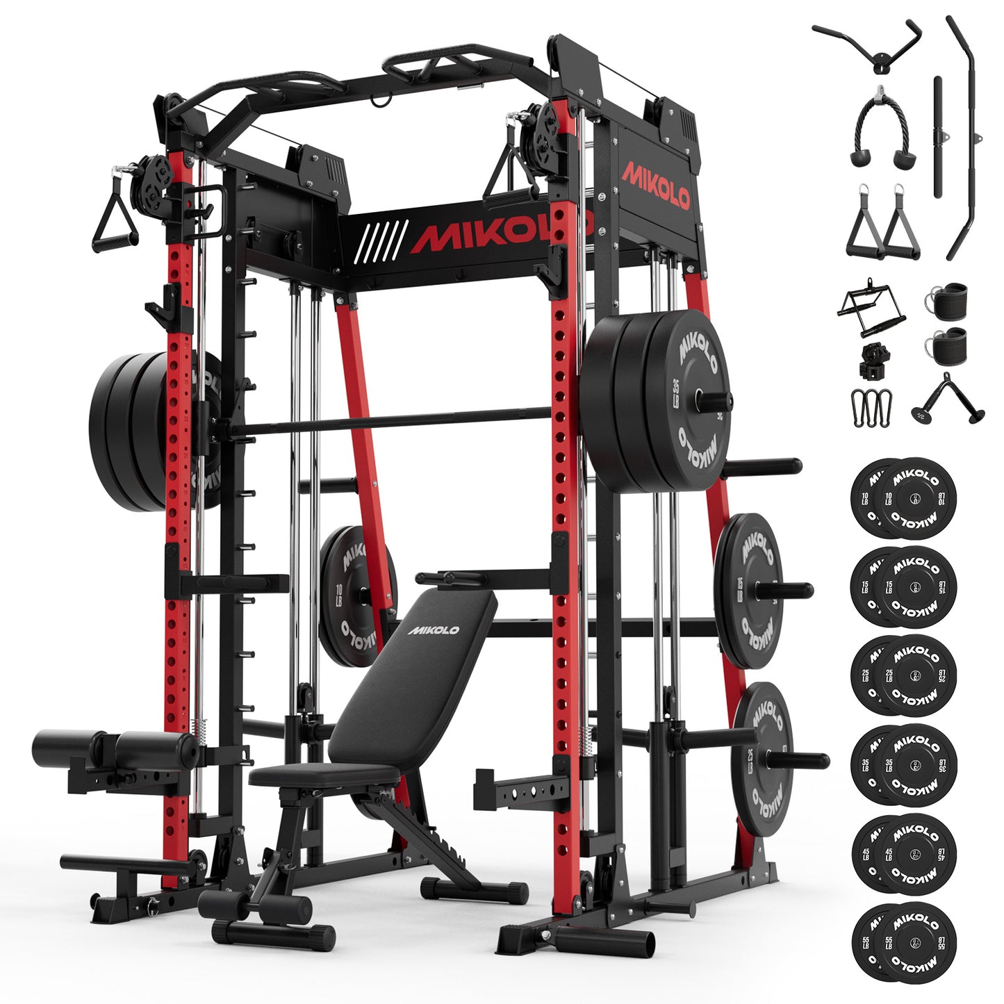 Mikolo M11 Smith Machine, Complete Starter Home Gym Package, 2200 lbs Power Rack with 230LBS Plates and Weight Bench, Total Body Strength Training Cage