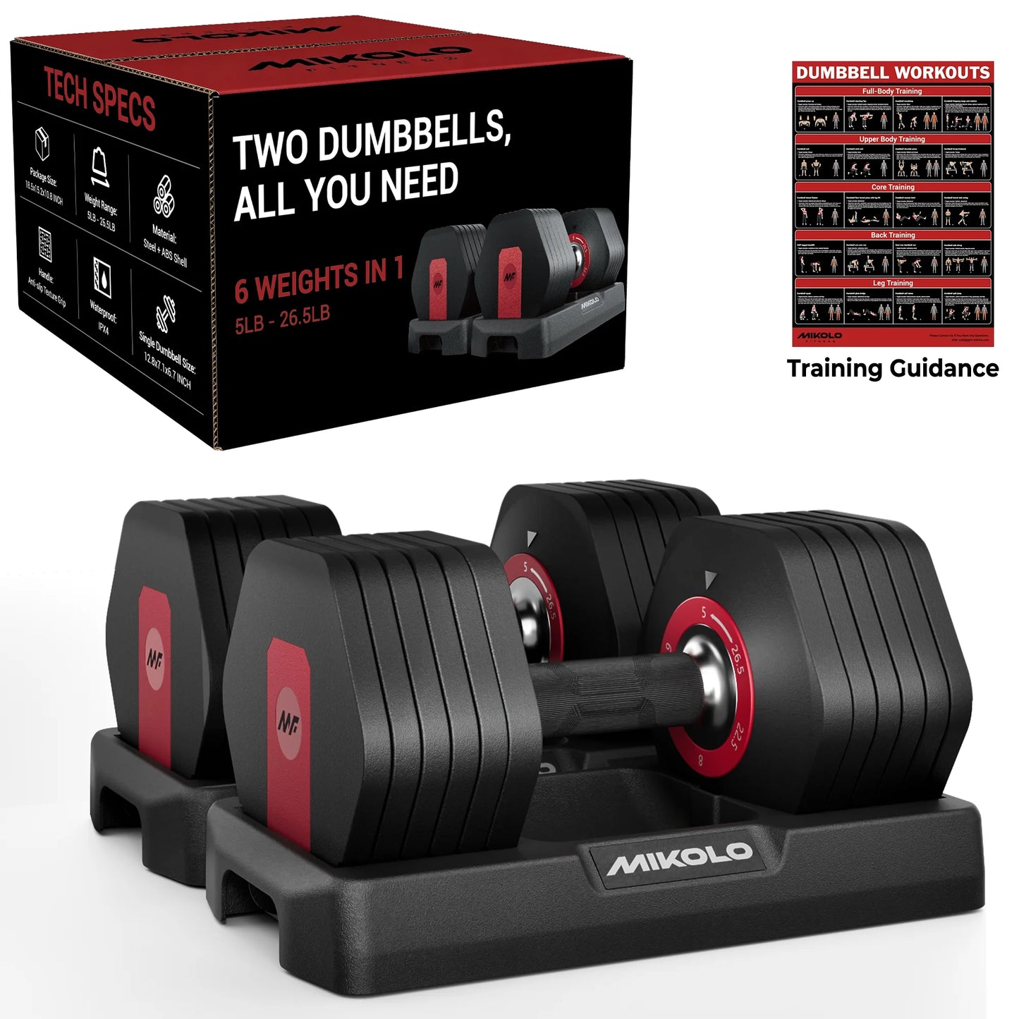 Mikolo Adjustable Dumbbells Set of 2, 1-Sec Adjustable Weights Dumbbells Set, 5LB - 26.5LB 6 in 1 Free Dumbbell with Anti-Slip Texture Handle, Weight Set For Home Gym