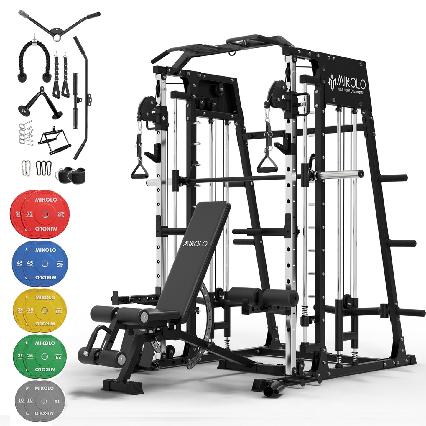Mikolo Smith Machine Home Gym, 2200 lbs Power Rack Cage with Cable Crossover, Power Rack with 1200LB Capacity Adjustable Weight Bench and 340 lbs Weight Plate, Total Body Strength Training Equipment