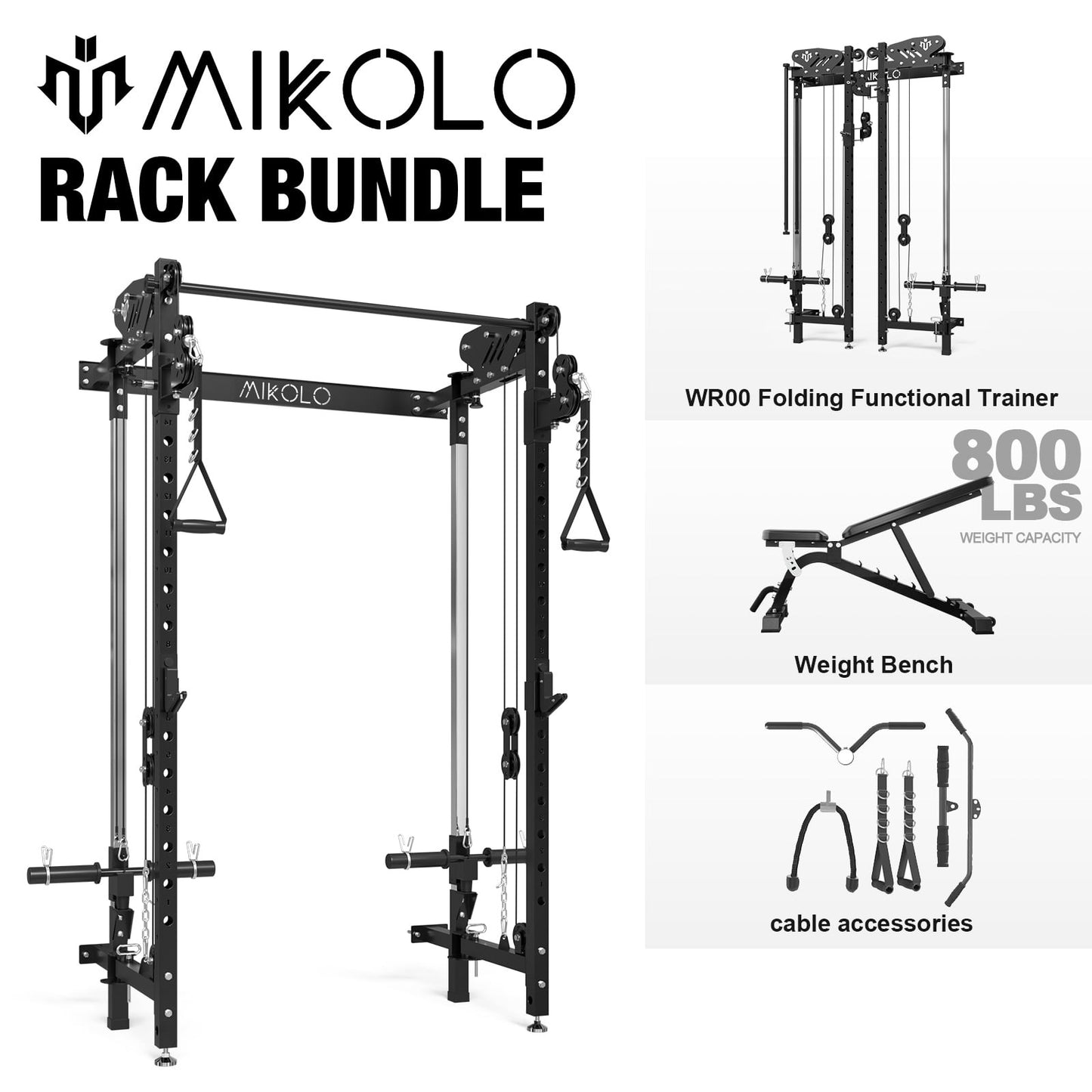 Mikolo Foldable Power Rack Cage,1000lbs Capacity Wall Mounted Squat Rack with independent pulley system, Space Saving Home Gym Equipment with 5 Adjustable Angle