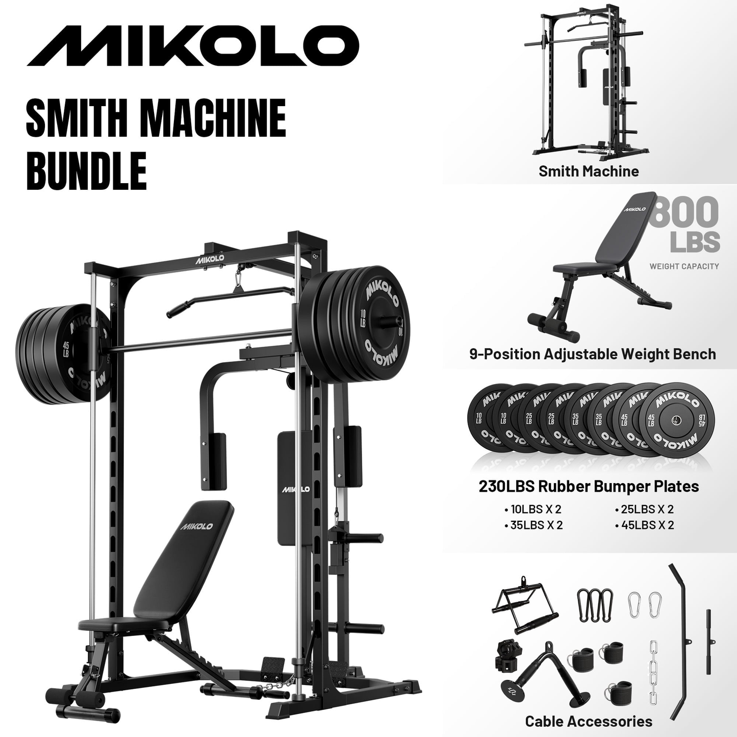 Mikolo Smith Machine Home Gym, Multi-Functional Power Rack with Pec Deck Machine, Lat Pull Down System, Low Row Station with Cable bar and Foot Board