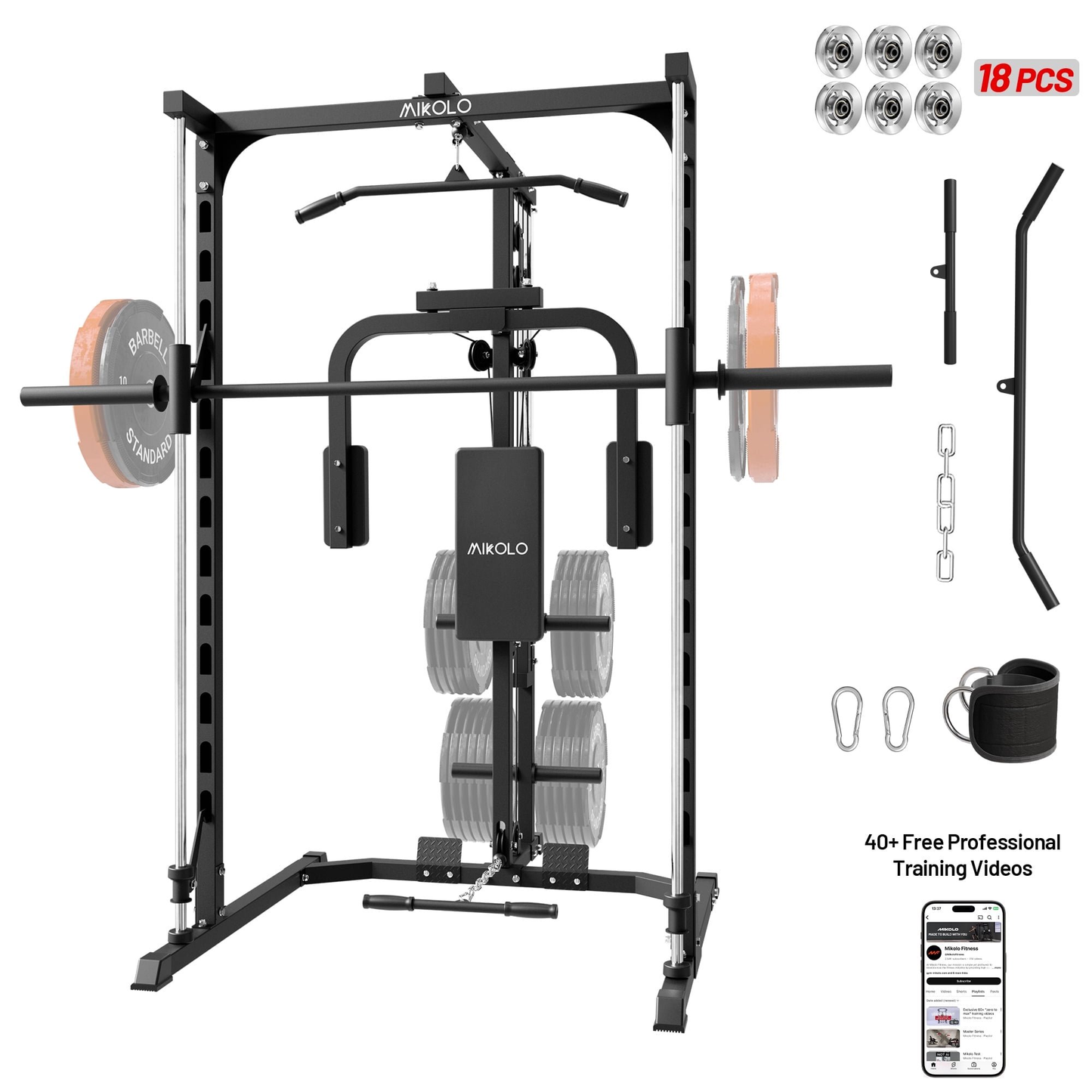 Mikolo Smith Machine Home Gym, Multi-Functional Power Rack with Pec Deck Machine, Lat Pull Down System, Low Row Station with Cable bar and Foot Board