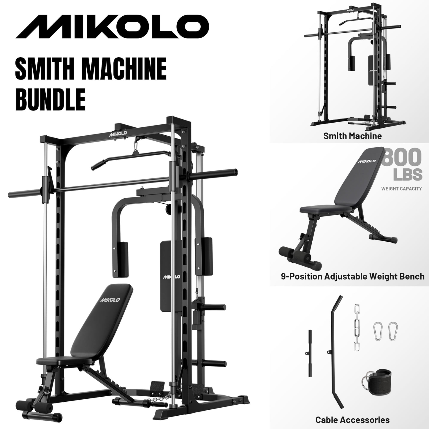 Mikolo Smith Machine Home Gym, Multi-Functional Power Rack with Pec Deck Machine, Lat Pull Down System, Low Row Station with Cable bar and Foot Board