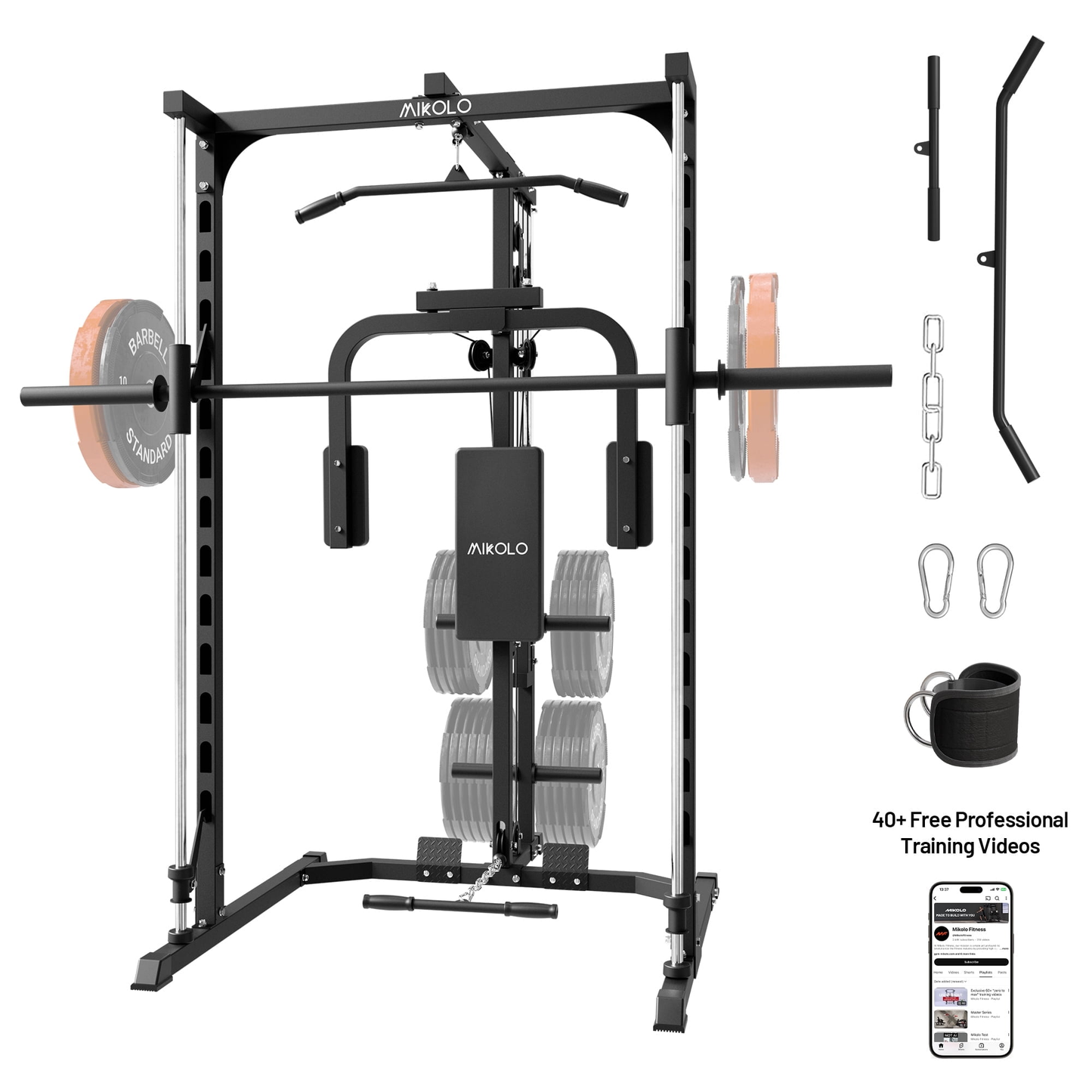Mikolo Smith Machine Home Gym, Multi-Functional Power Rack with Pec Deck Machine, Lat Pull Down System, Low Row Station with Cable bar and Foot Board